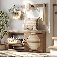 Maupvit Rattan Entryway Bench with Cushion, Flip Drawer Shoe Storage, Coat Rack & 5 Hooks - Rustic Oak Narrow Shoe Rack