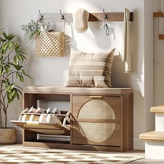 Maupvit Rattan Entryway Bench with Cushion, Flip Drawer Shoe Storage, Coat Rack & 5 Hooks - Rustic Oak Narrow Shoe Rack