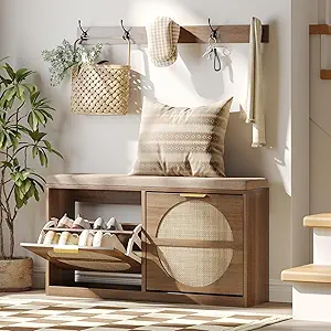 Maupvit Rattan Entryway Bench with Seat Cushion & Coat Rack, Shoe Storage Cabinet with 2 Flip Drawers, Narrow Shoe Rack, 5 Metal Hooks, Rustic Oak Rattan