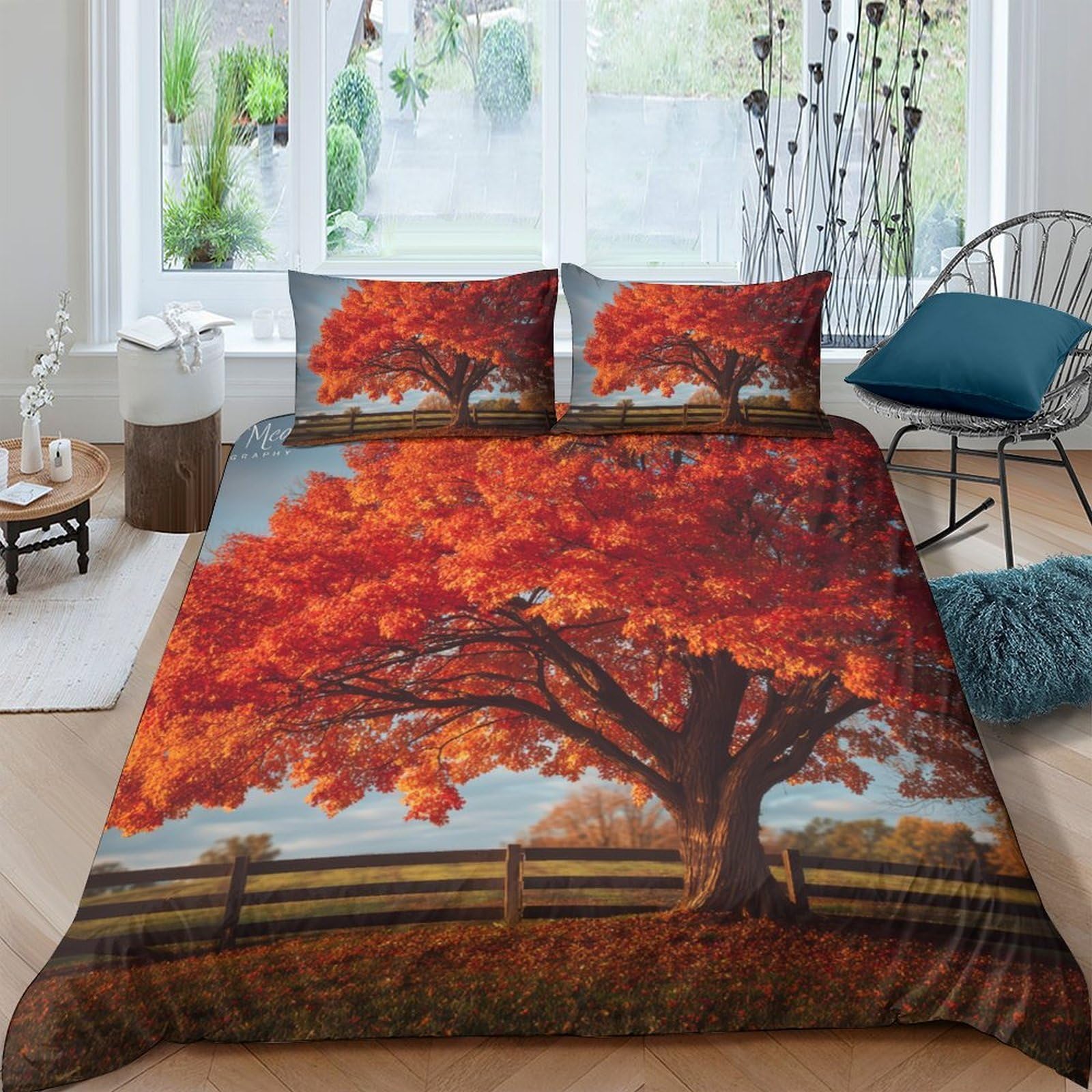Ctjqhvkz Style-7 3D Printed Autumn Maple Tree Fitted Sheet Microfiber Soft Non-Slip Bed Cover For Bedroom Dorm Guest Room Decor Single（135X200cm）