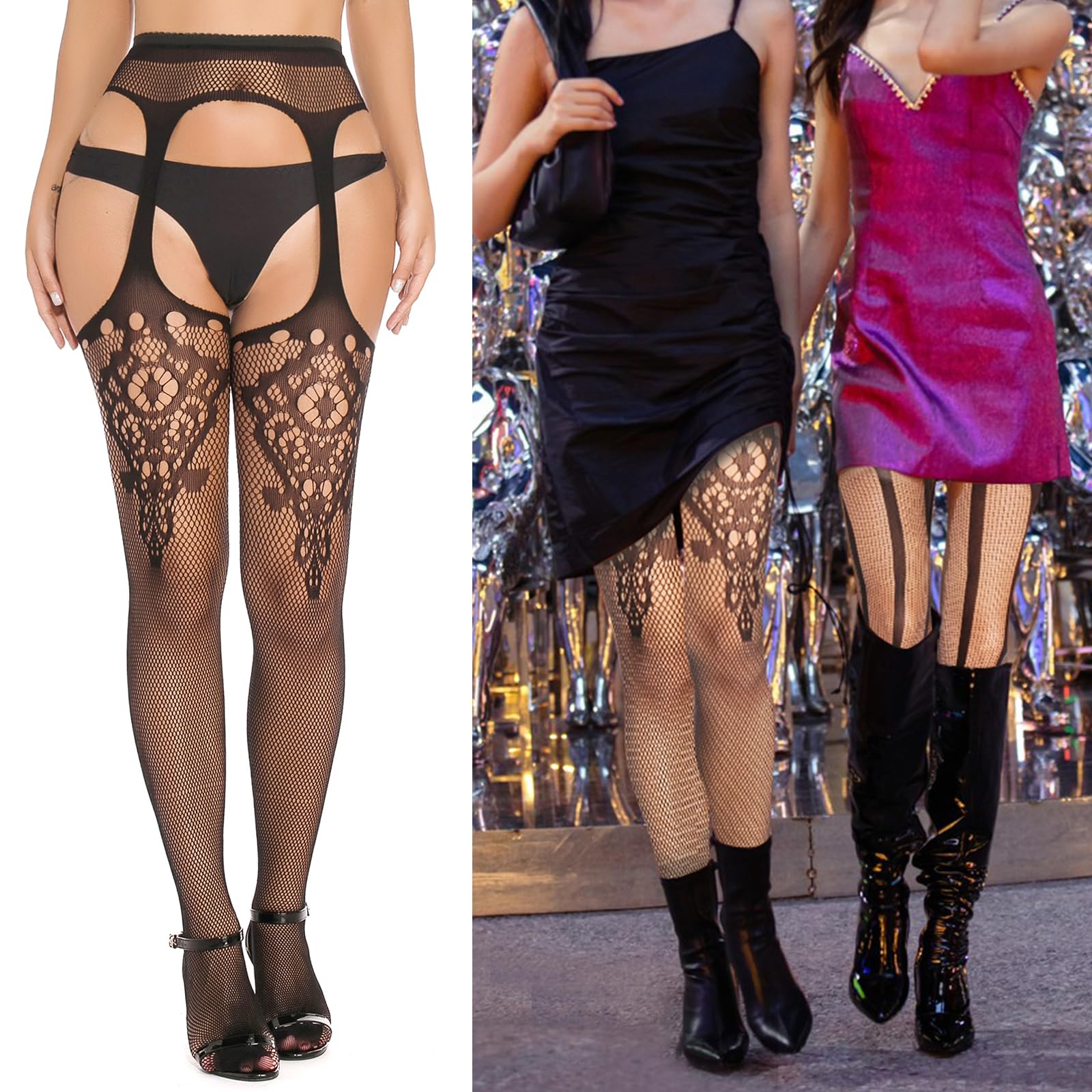 SOUTHRO 5 Pairs Fishnet Thigh High Garter Stockings Patterned Tights for Women,Garter Belt Set & Suspender Pantyhose for Girl: One Size D-5pcs