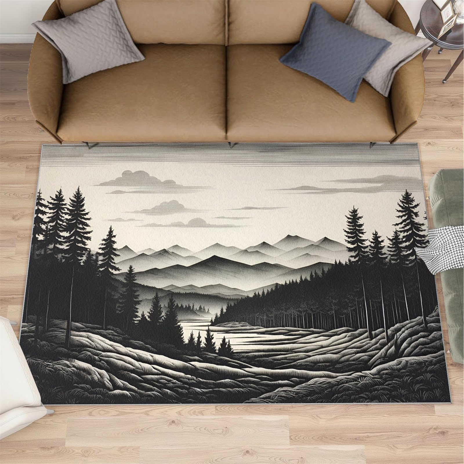 HYGIUID Nordic Forest Landscape Area Rug 5x6 - Mountain Silhouette Area Rugs for Kitchen, Misty Pine Tree Bedroom Area Rug Kids Low Pile Rug for Indoor Outdoor Hardwood Floors Home Decor