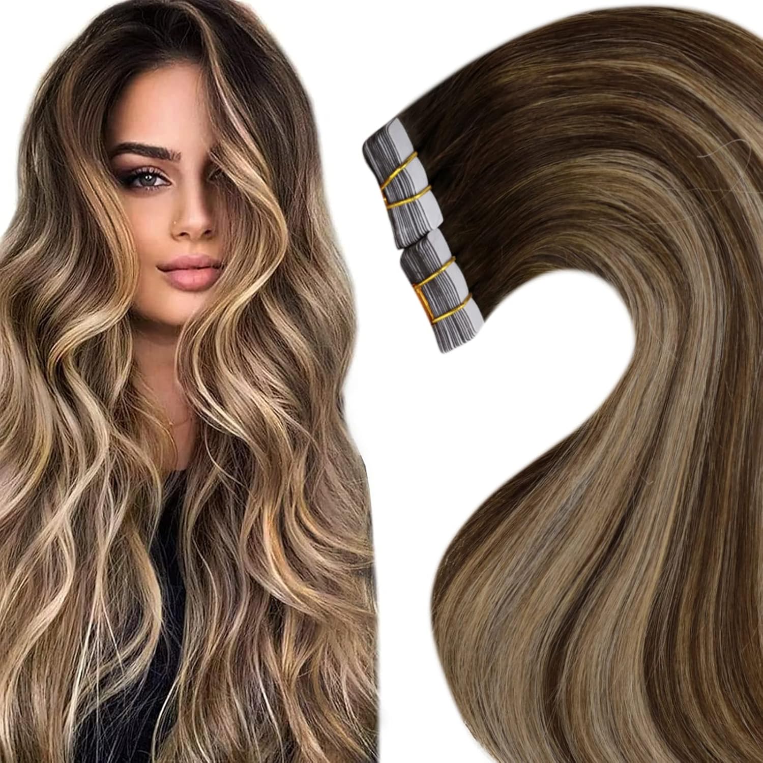 Brown Tape in Hair Extensions Real Human Hair Balayage