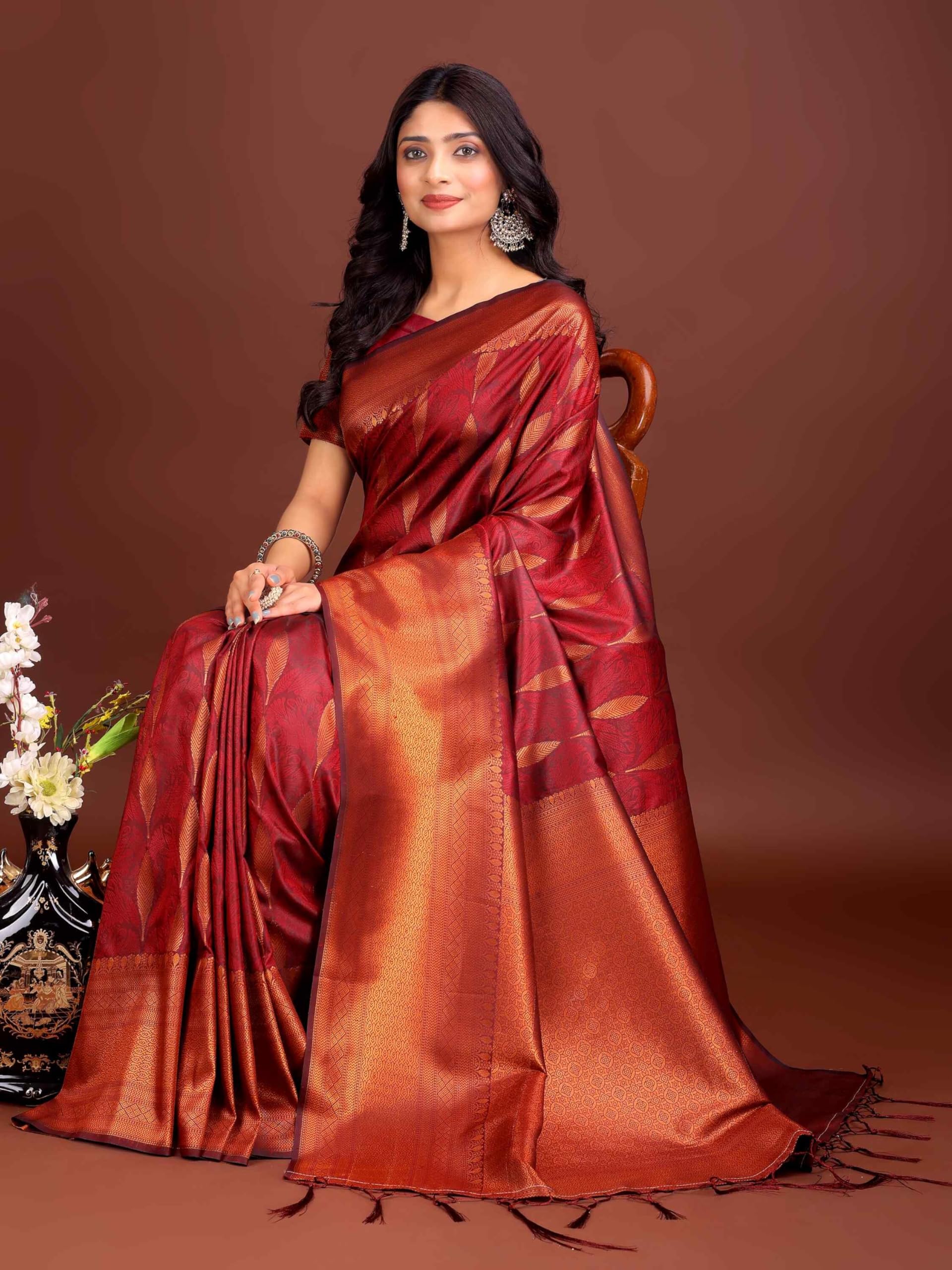 Shiv Textiles Women's Banarsi Silk Zari Work Saree(AUS-ASPAL2003-MAROON) 3