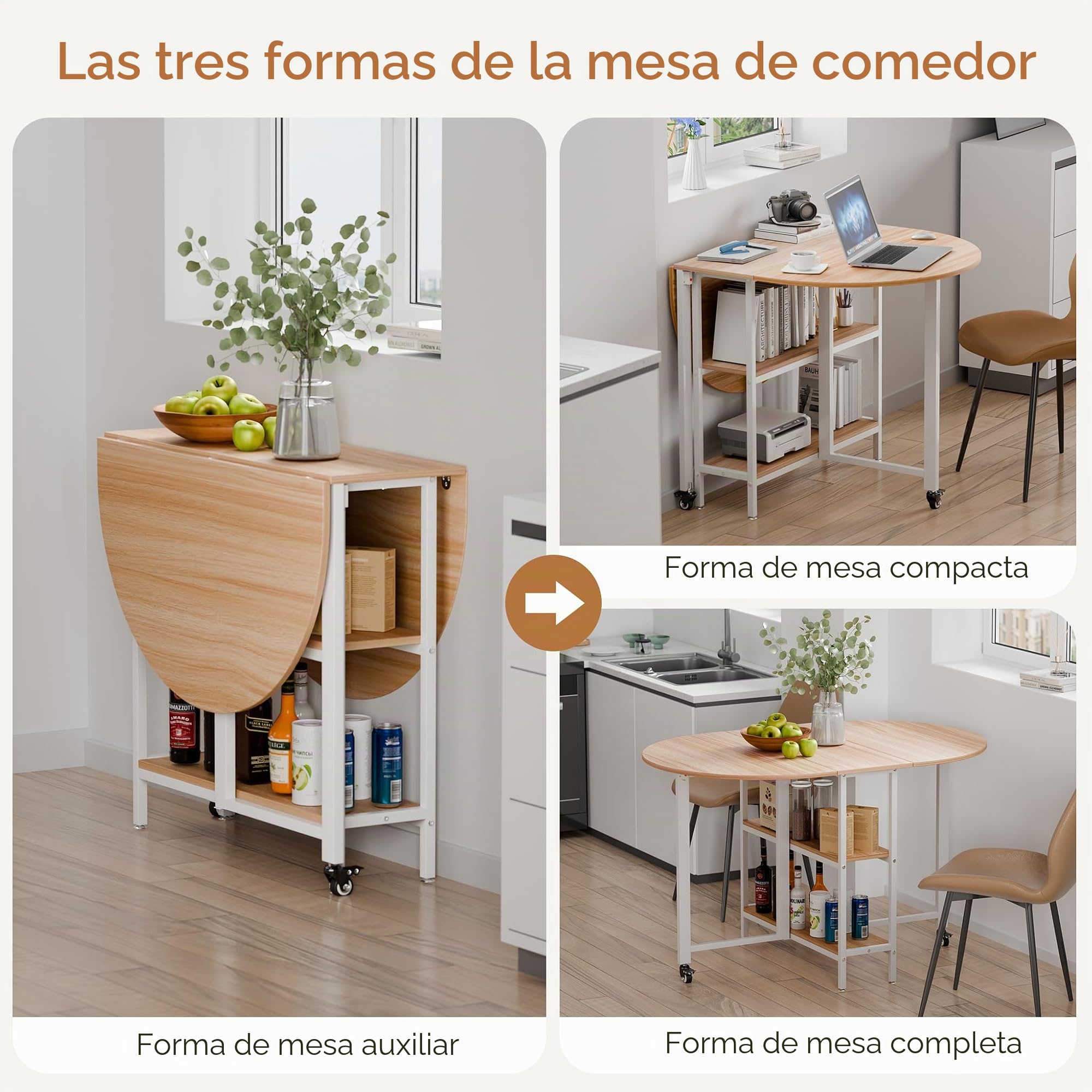 Mondeer Mesa de Comedor Plegable móvil con 2 estantes de Almacenamiento Abiertos, diseño de Bordes Redondos, Espacios pequeños, Comedor, Cocina, 120 x 80 x 75 cm, Roble y Blanco