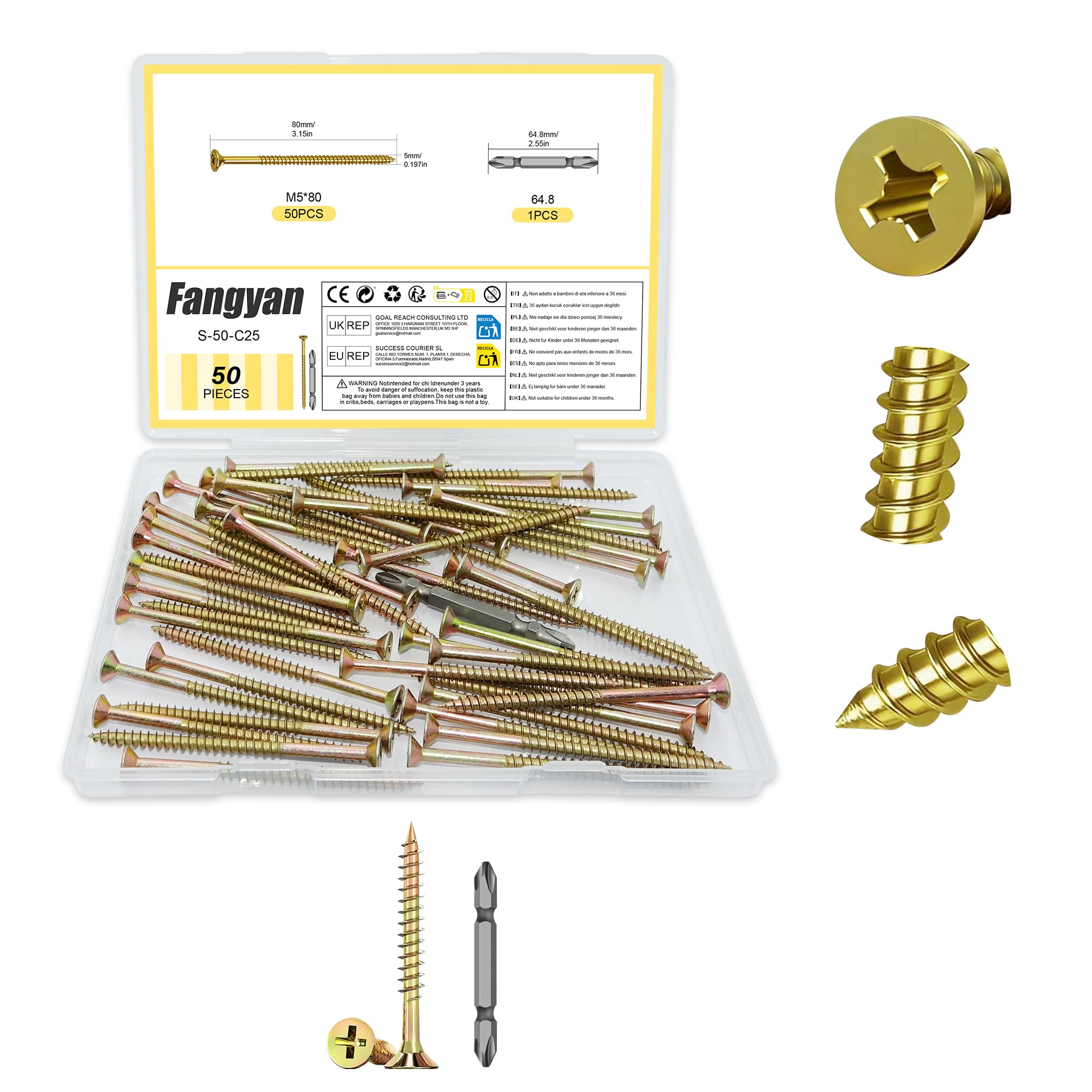Fangyan 50PCS M5 x 80mm Wood Screws, Phillips Flat Head Self-Tapping Screws, Zinc Plated Fiberboard Screws with Double-Ended Cross Screwdriver Bit for Furniture Cabinet Woodworking