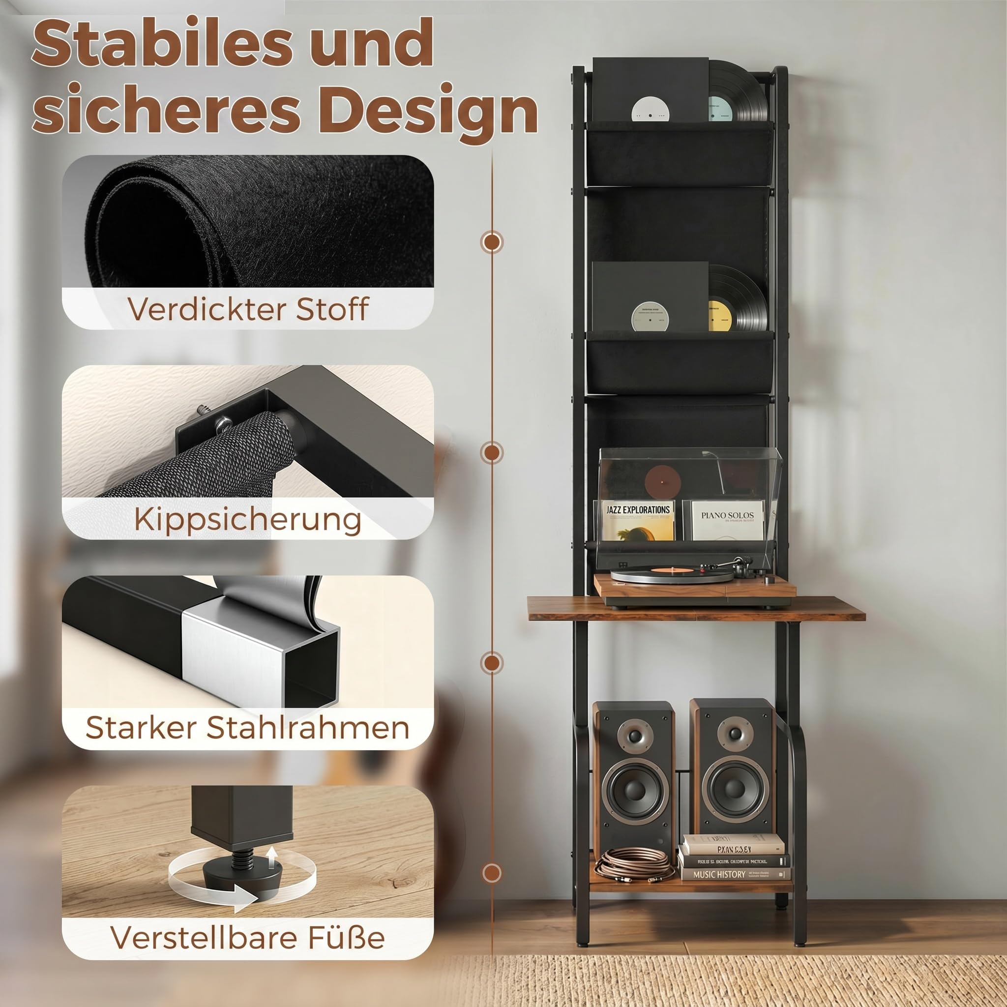 HOMCOM Plattenspieler Schallplatten Aufbewahrung mit 3 Stofftaschen Schallplattenspieler-Tisch mit offenem Fach Blurays Aufbewahrung für bis zu 40 Alben 50 x 48,5 x 144 cm Rustikal-Braun