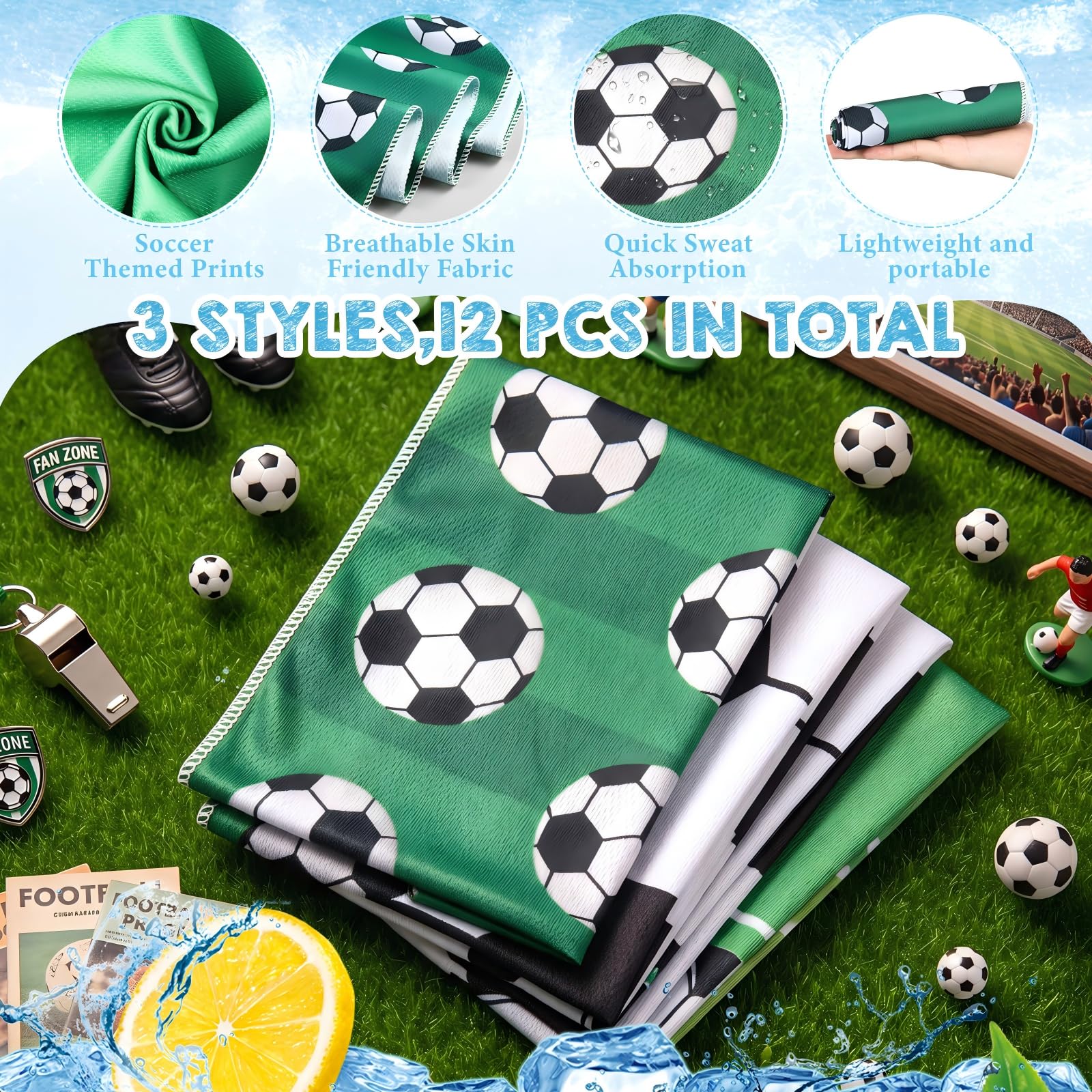 12 Pezzi Asciugamani rinfrescanti per Calcio,Golf,Basket,Sport,bomboniere per Feste di Calcio,Regali,Asciugamani rinfrescanti Traspiranti e Portatili,in Microfibra ad Asciugatura Rapida,32 x 12 polli