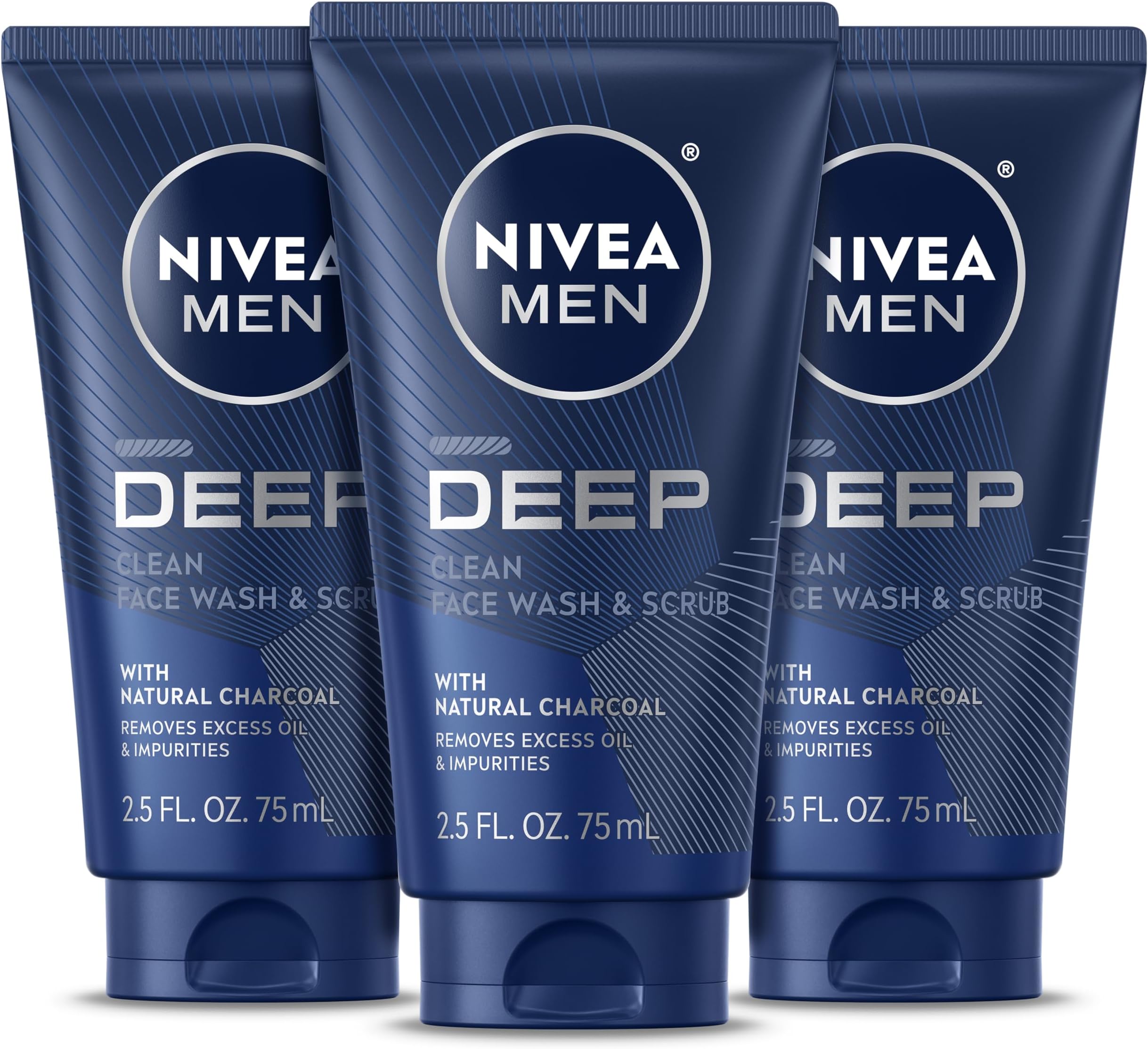 Deep Clean Face Wash and Scrub with Natural Charcoal, Exfoliating Face Wash for Men Removes Excess Oil, Dirt and Impurities, Beard Friendly Skin Care, 2.5 Fl Oz Tube, Pack of 3