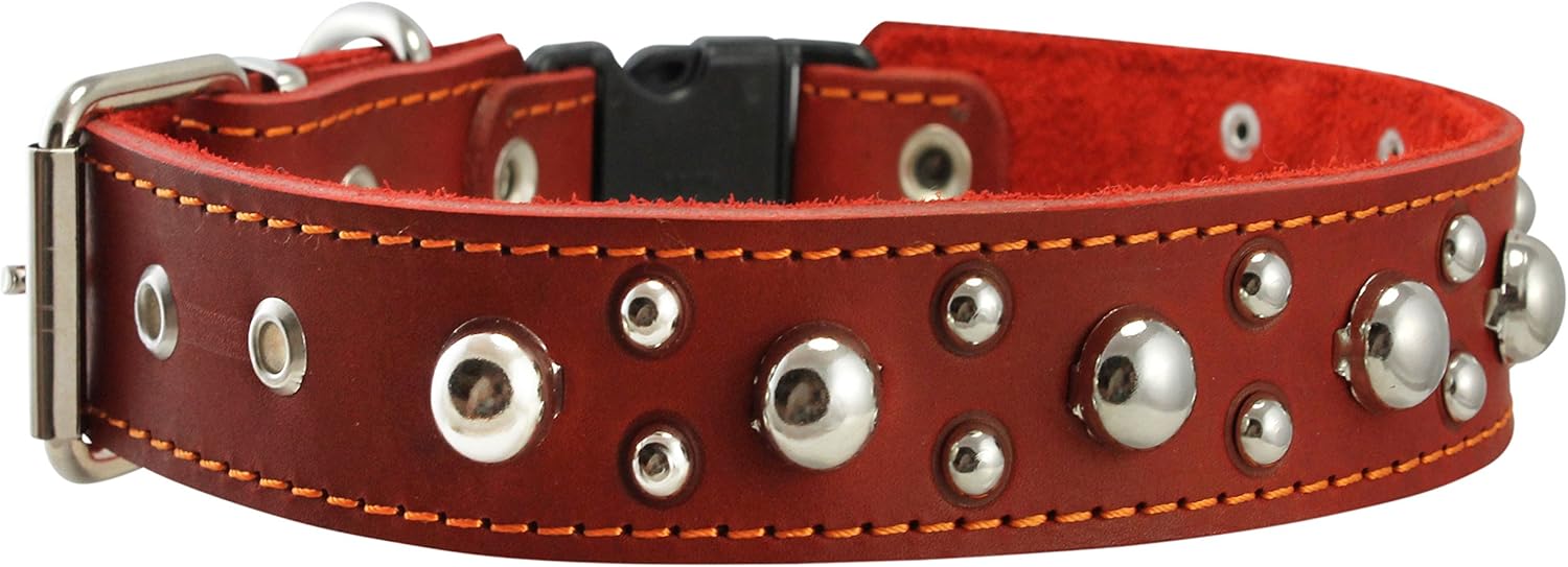 Red Genuine Leather Studded Dog Collar, Soft Suede Padded1.5 Wide. Fits 17"-20" Neck