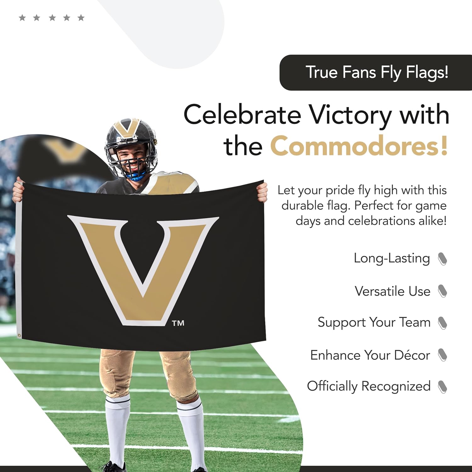 Vanderbilt Commodores College Sports Printed Flag - NCAA Licensed - Nylon - School Banner (Black, Gold) (3' x 5') - Image 5