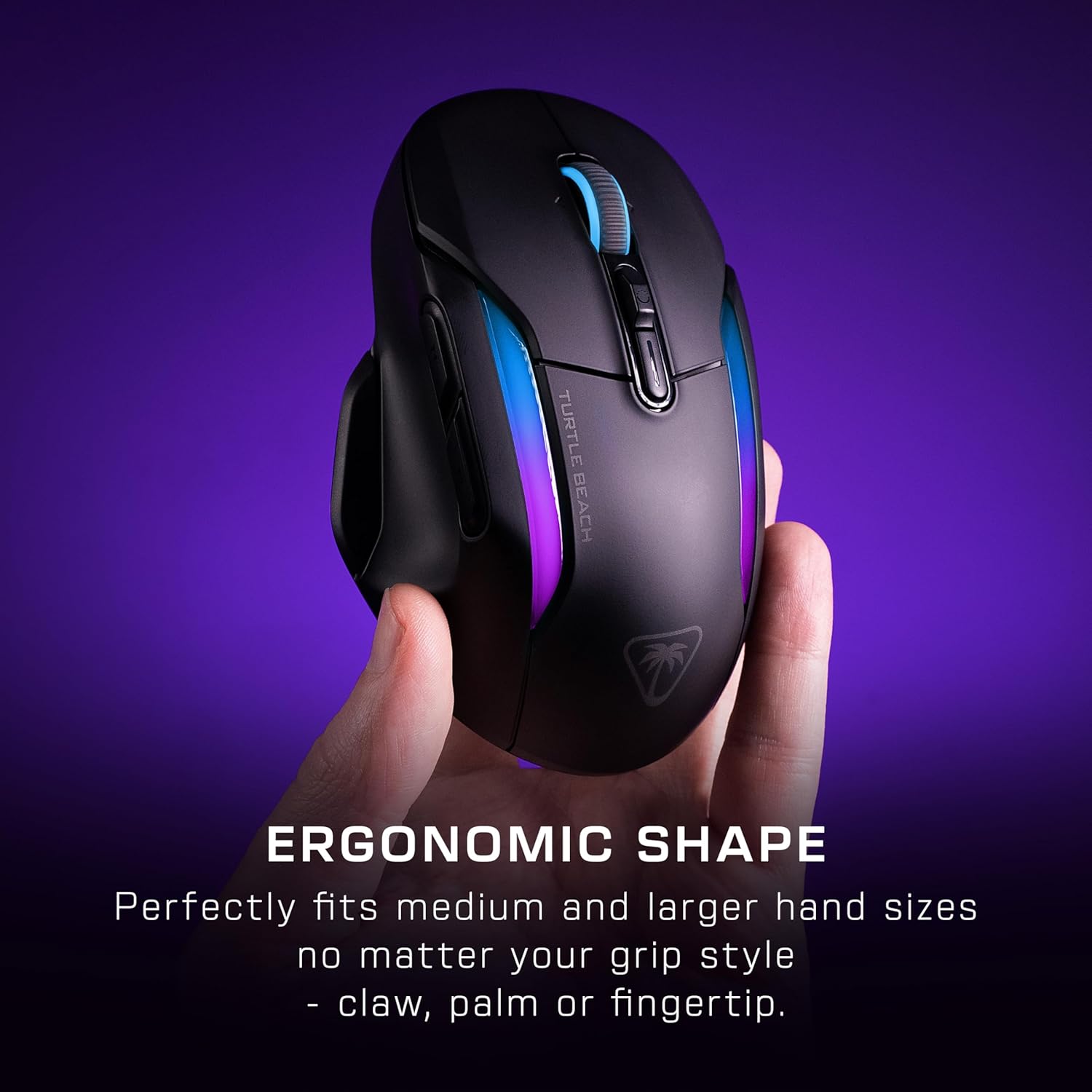 A hand holding the Turtle Beach Kone II Air mouse, demonstrating its ergonomic shape