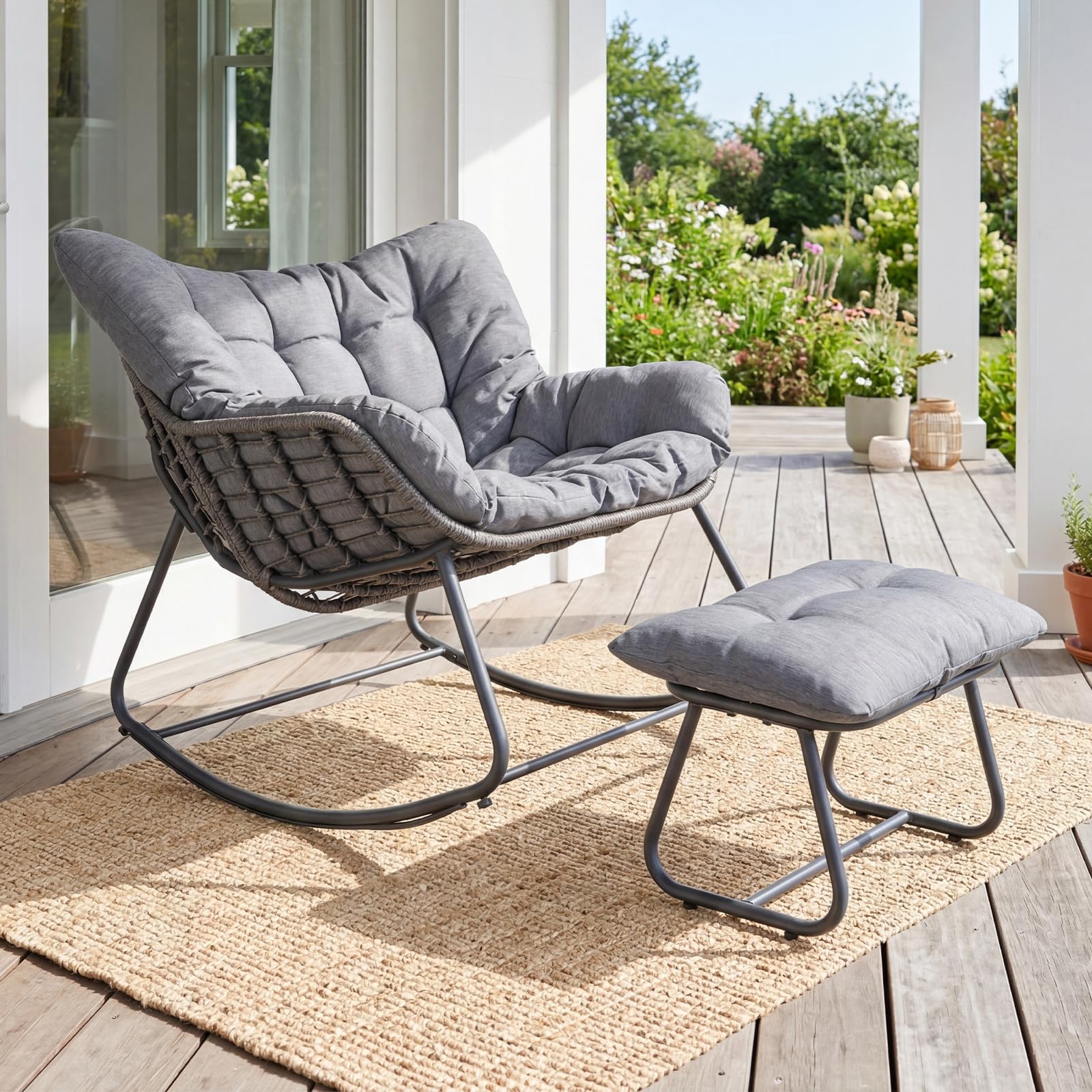 COSTWAY Schaukelstuhl mit Hocker, übergroßer Schaukelsessel mit dickem & abnehmbarem Kissen, Relaxsessel bis 150 kg belastbar, für Balkon, Garten und Wohnzimmer (Grau)