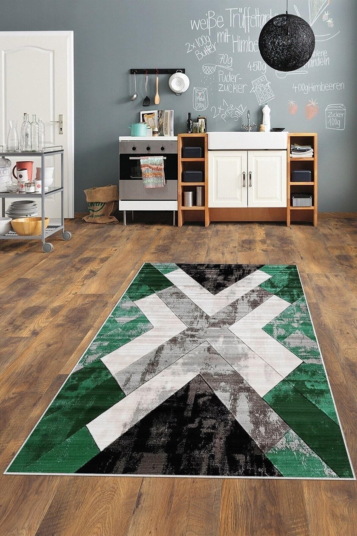 Pelangi Yeşil Geometrik Desen Renk Geçili Yıkanabilir Kaymaz Taban Leke Tutmaz Modern Salon Halı Ve Yolluk, Yeşil 80 x 400