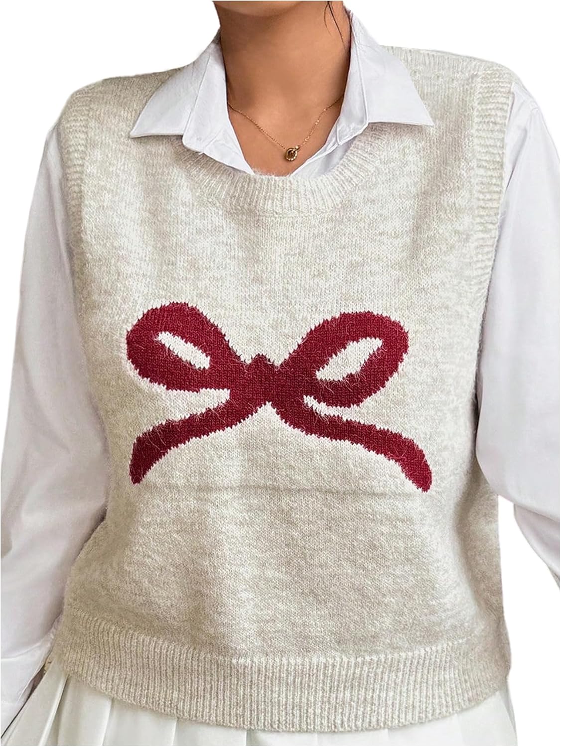 Women's Plus Size Bow Graphic Sweater Vest Y2k Sleeveless Crew Neck Knit Pullover Tops
