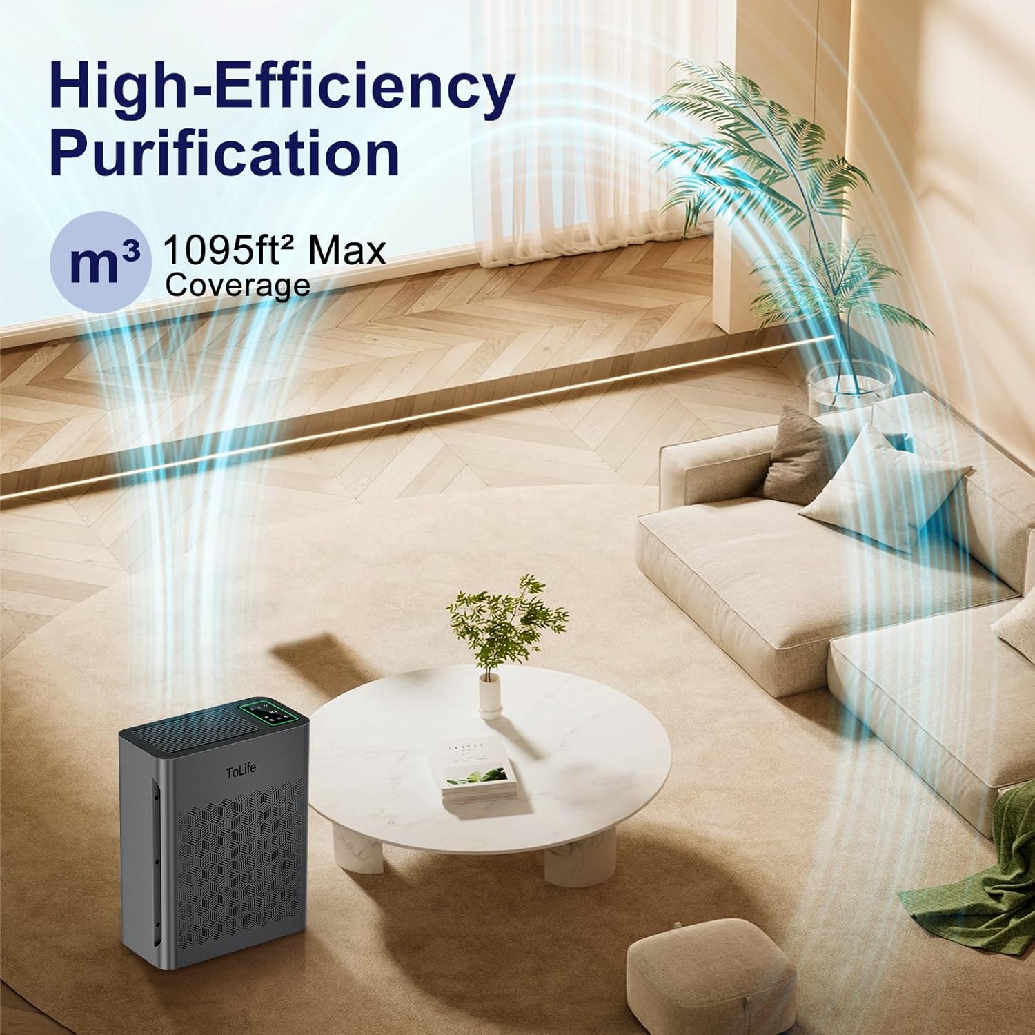 ToLife Air Purifiers for Home Large Room Up to 1295 Ft² with PM 2.8 Display Air Quality Sensor, Auto Mode, Timer, HEPA Air Purifier for Bedroom Filters Smoke, Pollen, Pet Dander, Allergies, Grey image 3 of 9 B0CF5B7M37