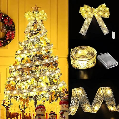 Miniatura 8 de Luces de cinta de Navidad plateadas, decoraciones de árbol de Navidad, 2.5 pulgadas x 16.4 pies, 50 luces LED alimentadas por pilas, alambre de