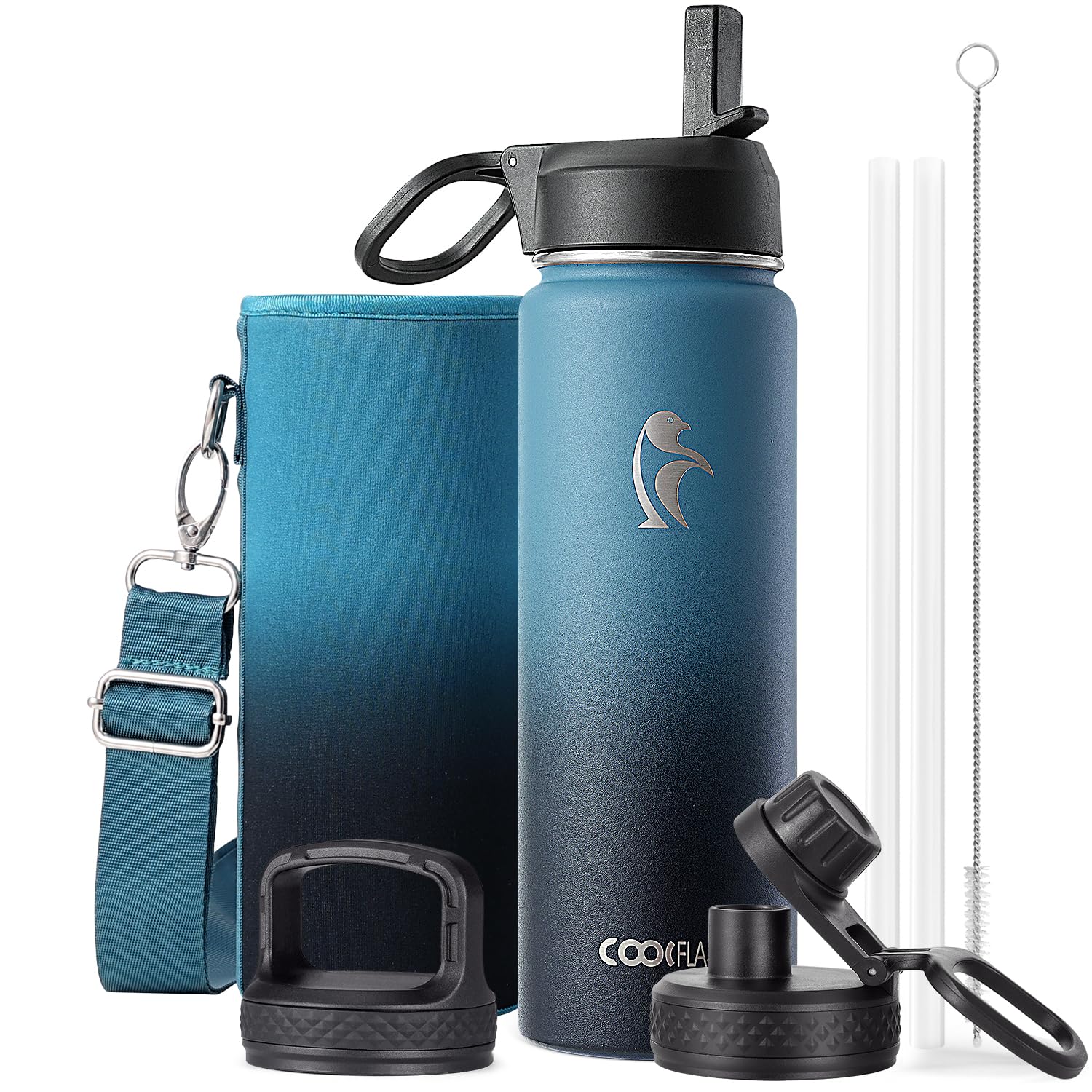 Coolflask Borraccia termica da 590 ml, con cannuccia, in acciaio inox, con 3 coperchi, imboccatura larga, per sport o ufficio, senza BPA, mantiene il freddo fino a 48 ore o caldo fino a 24 ore, colore