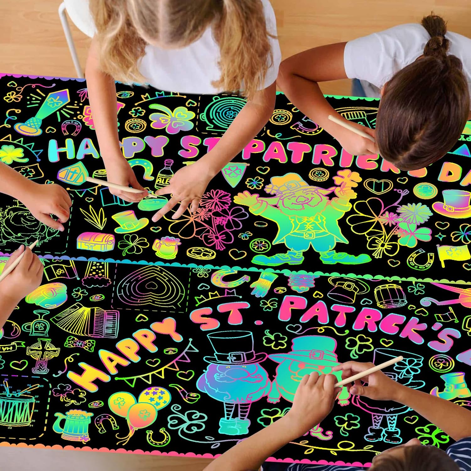 FZR Legend 2 Pack St Patricks Day Decorations Giant Scratch Crafts Poster for Kids Classroom Home Party, Magic Rainbow Mini Games Activity Scratch Off Paper Poster St. Patrick’s Day Party Supplies