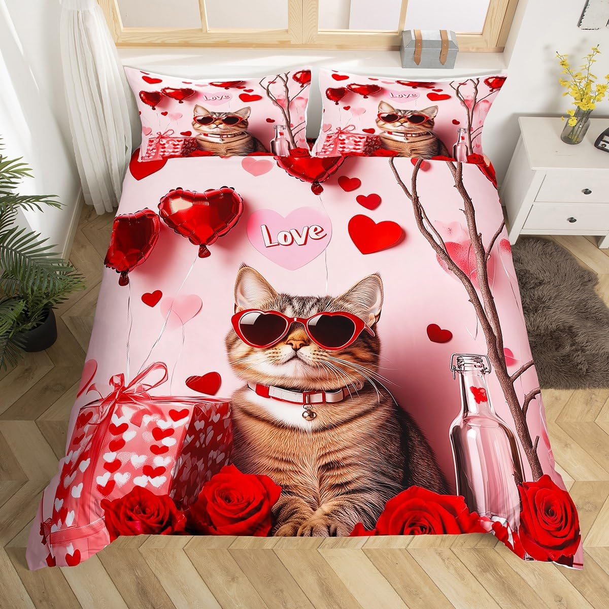 jejeloiu Kids Red Pink Bedding Set Toddler Size, Valentine's Day Duvet Cover Love Heart Comforter Cover for Kids Boys Girls Romantic Bedspread Cover Room Decor 2Pcs (No Comforter)