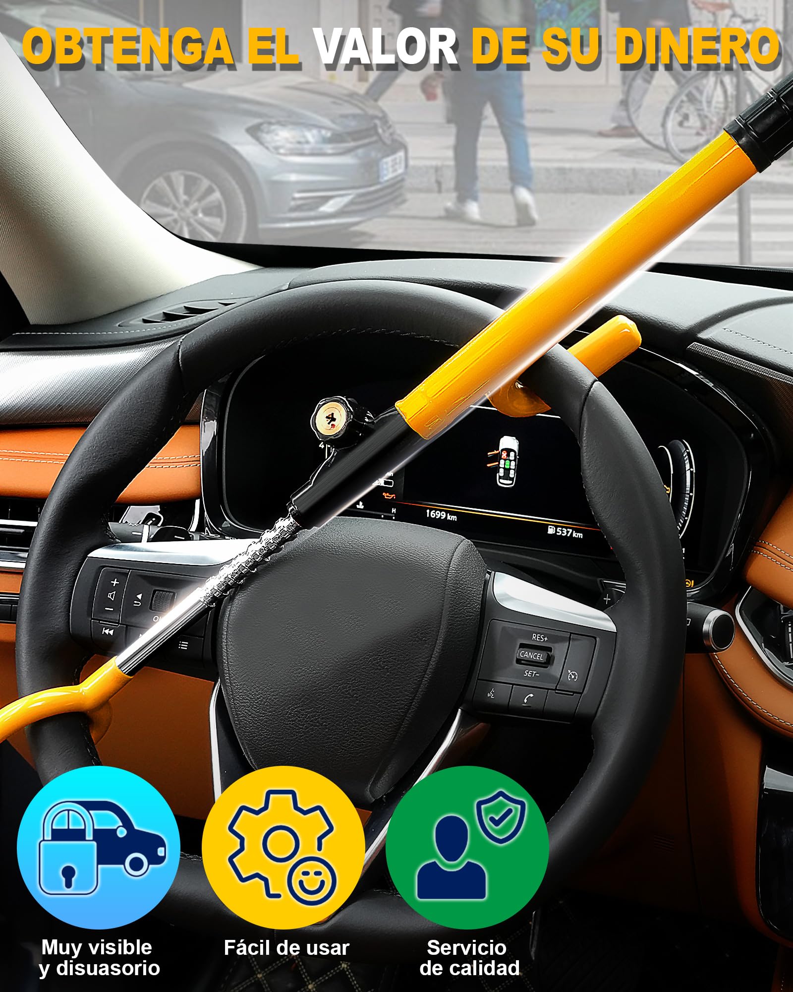 Tevlaphee Candado para Volante, Cerradura de Seguridad para Coche, Dispositivo Anti-Robo Resistente, Alta Visibilidad, Ajuste Universal para Coches, SUV y Furgonetas, Ajustable, 3 Llaves(Amarillo)
