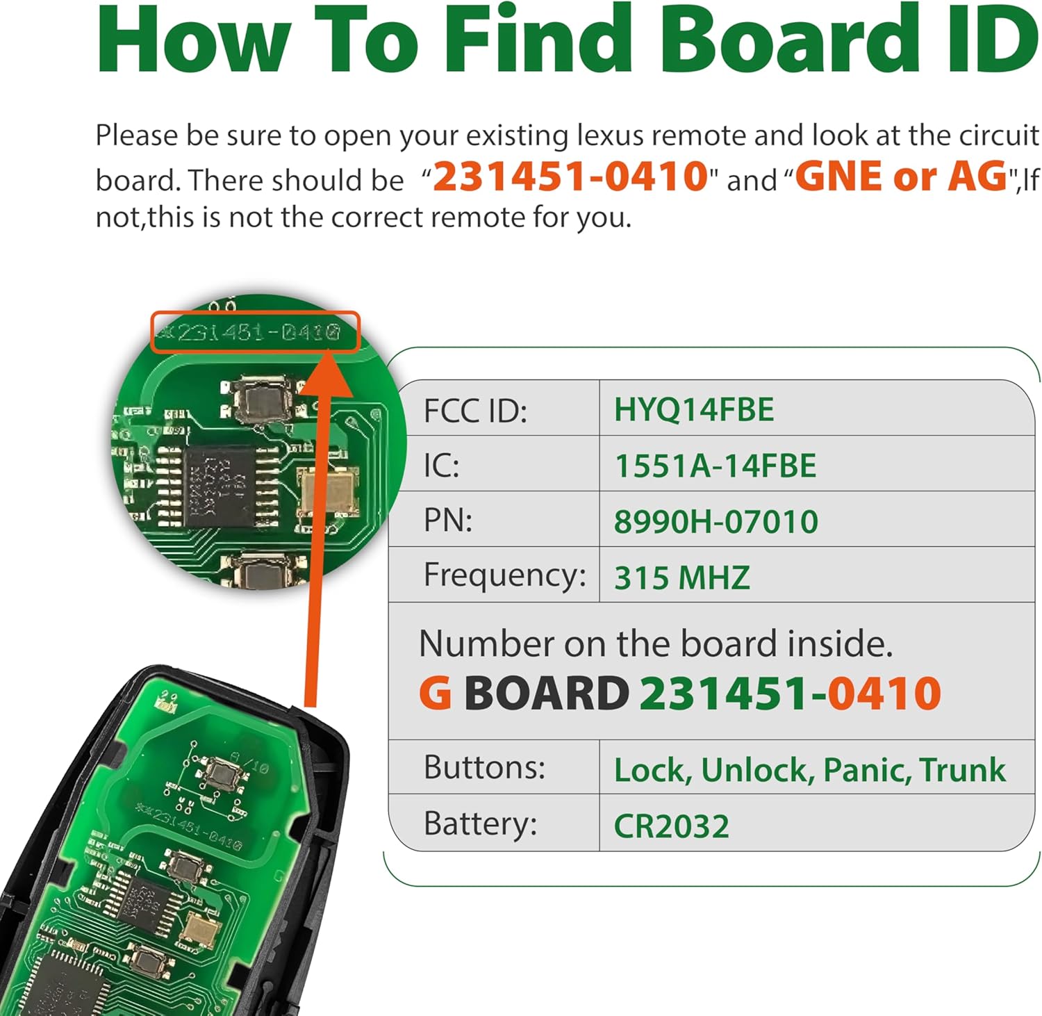 Replacement for 2019 Smart Proximity Toyota Avalon GNE 231451-0410 Board Key Fob HYQ14FBE 315MHz 4 Buttons