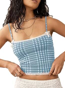 ミストレアス　Plaid Gathering Peplum Camisole Women Y2k Plaid Tank Top Spaghetti Strap Peplum Camisole