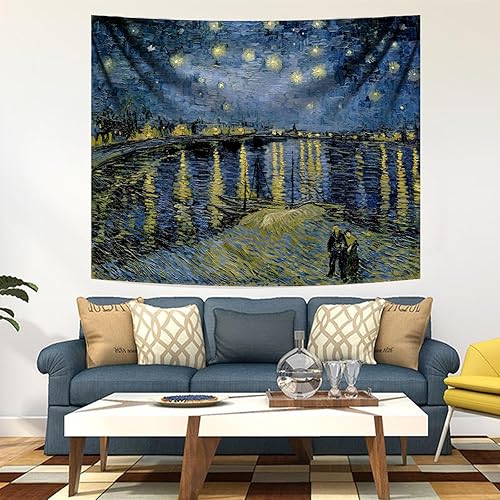 Miniatura 6 de Tapiz de noche estrellada sobre el Ródano Van Gogh para colgar en la pared para dormitorio, decoración artística de pared, tapiz de poliéster de 5 x