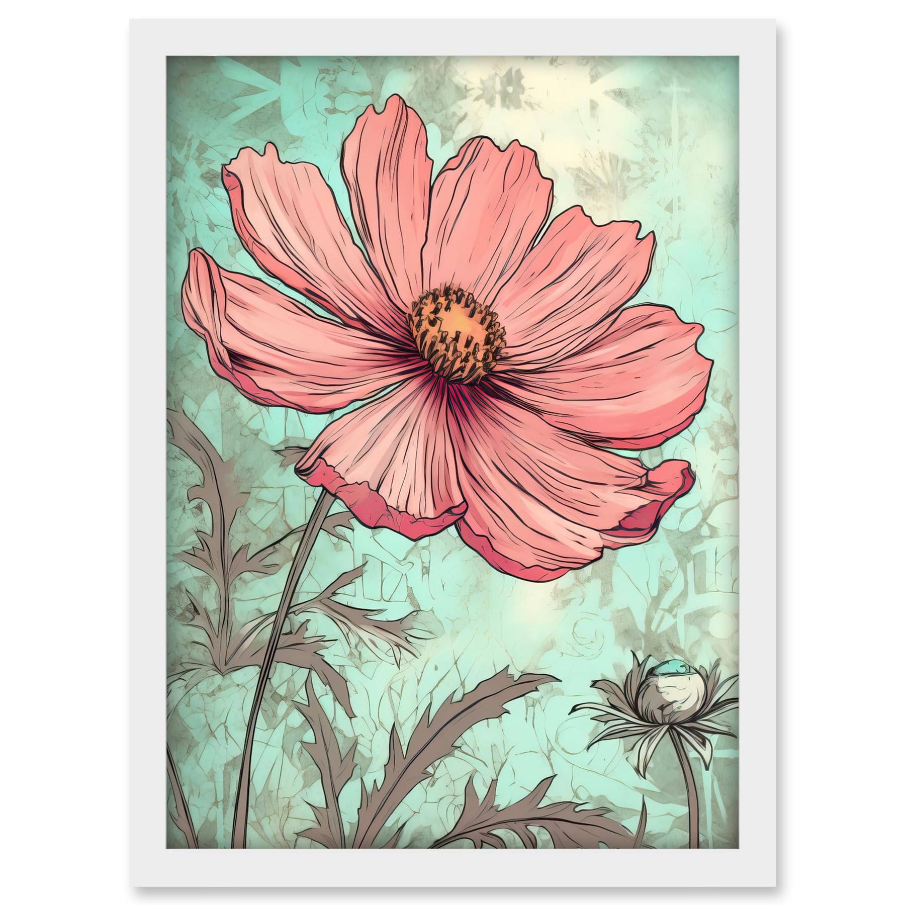 Artery8 Cosmos Flower Bloom Soft Pink and Teal Watercolour Artwork Framed A3 Wall Art Print