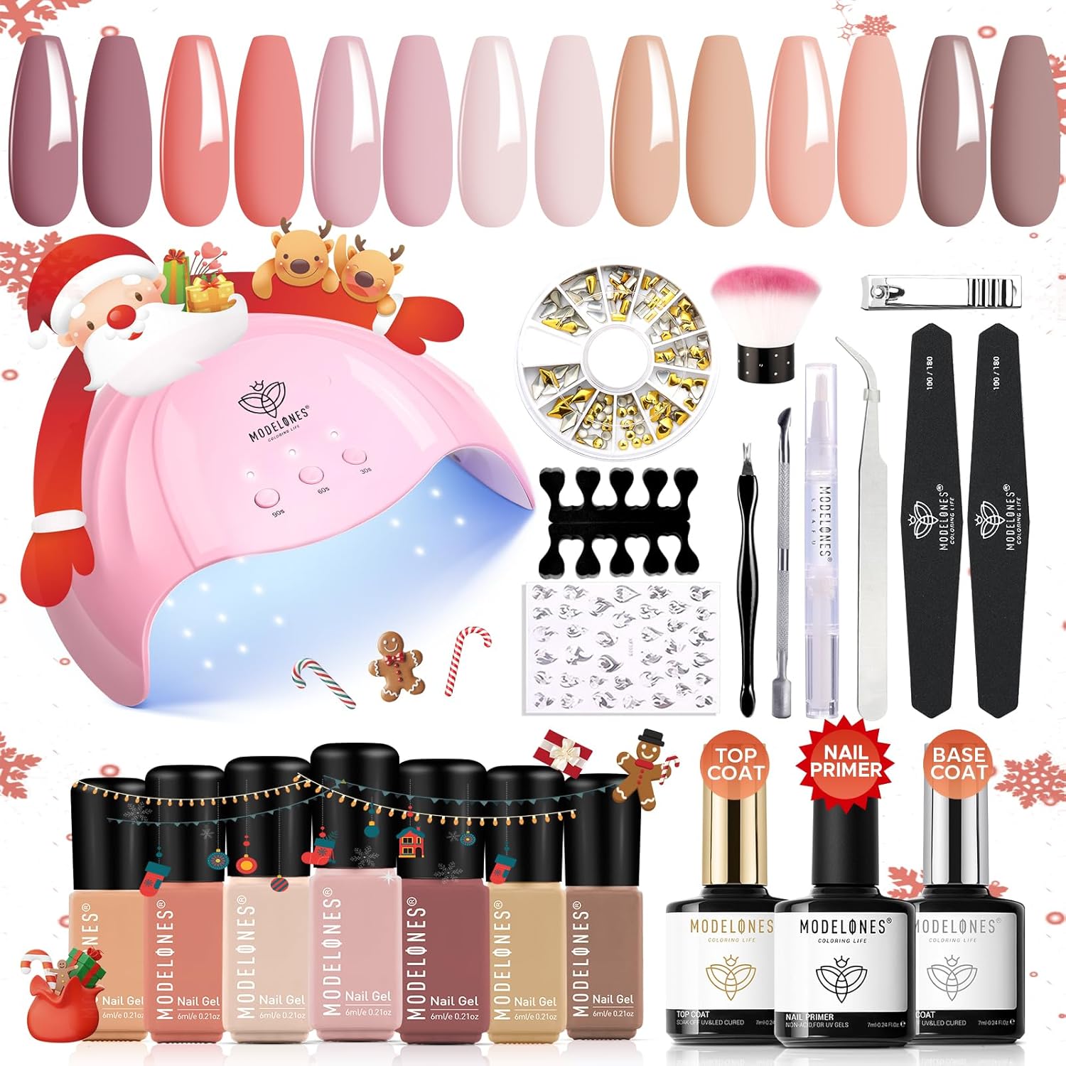 Modelones Gel Nail Manicure Kit With 48w U V Led Nail Lamp Starter Kit, 22 Pcs Nude Pink Soak Off Nail Gel Polish Set No Wipe Base & Top Coat Bond Primer Diy Home Nail Curing
