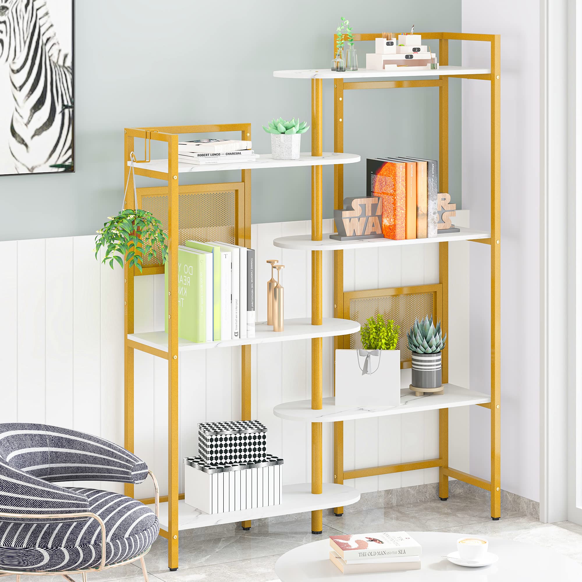 Gezen 6-Tier Ajustable Bookshelf Modern Wood Bookcase for Home Office, Open Standing Shelf with Metal Frame, Wood and Metal Book Shelf Storage Organizer for Living room/Study room/Bedroom(White, Gold)
