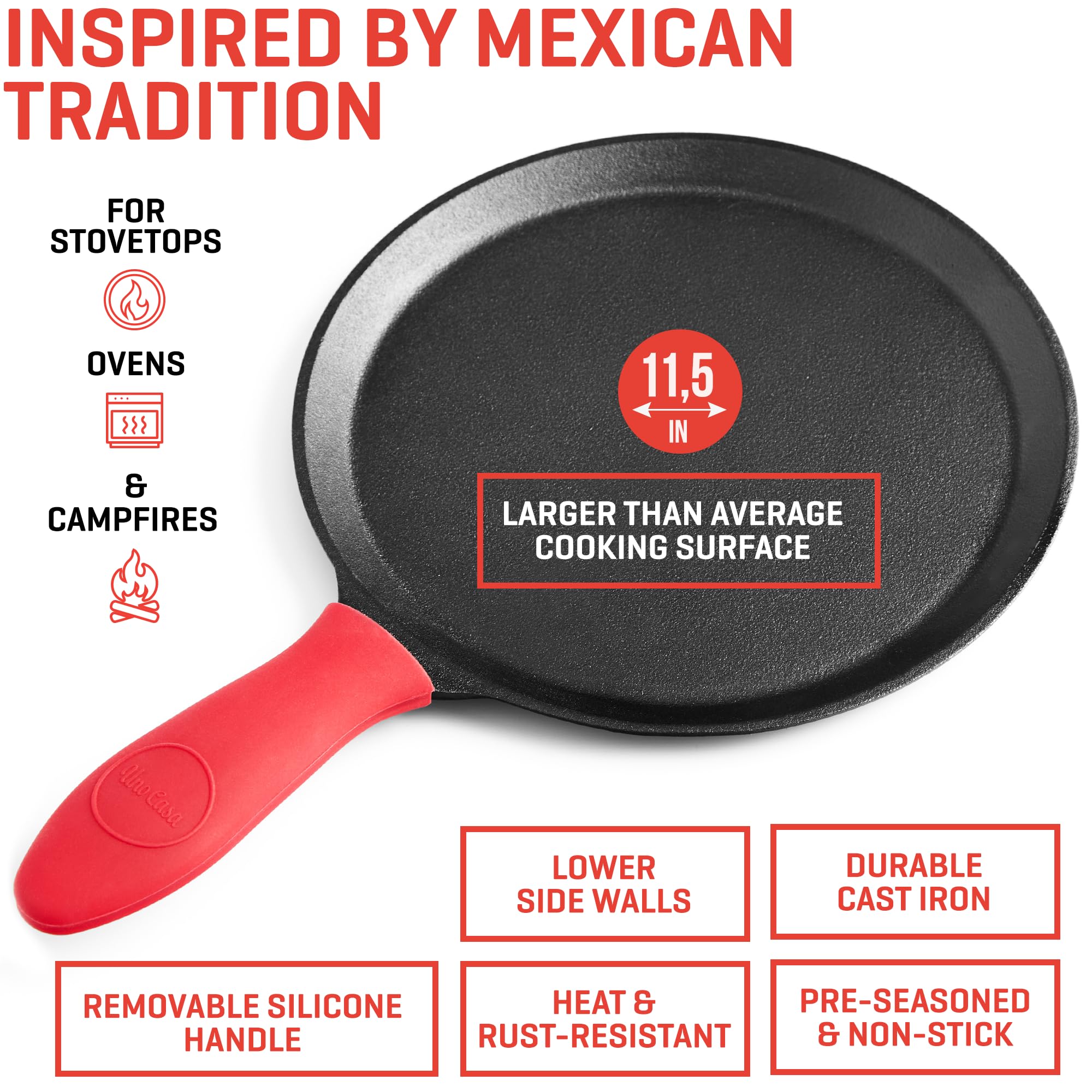 Uno Casa Cast Iron Comal Pan 11.5 Inch - Skillet for Roti, Tawa/Dosa Pan Pataconera, Comales para Tortillas - Cast Iron Pizza Pan - Comal Para Tortillas Grande