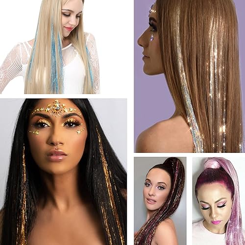 Miniatura 7 de Extensiones de seda holográficas de 47 pulgadas de oropel dorado brillante profesional resistente al calor, accesorios para el cabello para niñas,