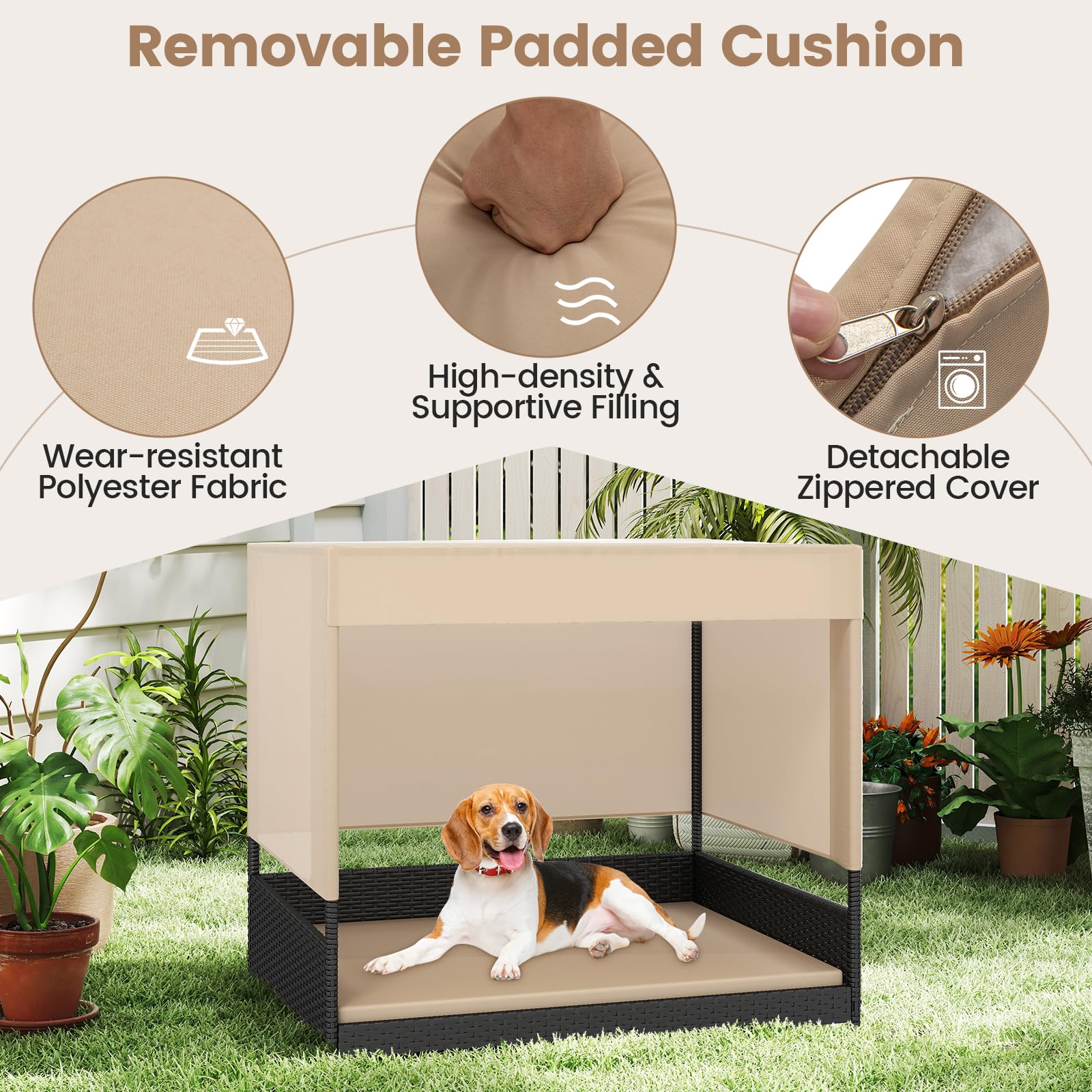 GYMAX Cuccia in vimini per cani di piccola e media taglia, divano letto rialzato in rattan con cuscino rimovibile, tetto a baldacchino e pavimento rialzato, riparo per cuccioli per interni ed esterni