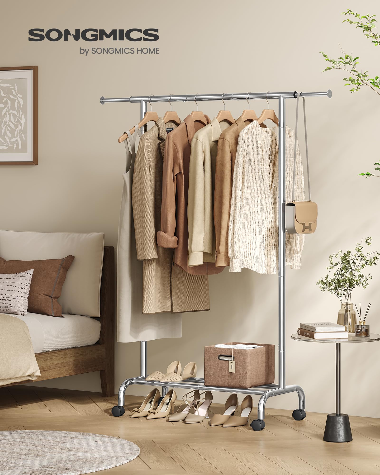 Songmics Kledingrek - Verrijdbaar Kledingrek Met Uitschuifbare Kledingstang Van 110 5 150 5 Cm Kledingrek Met Wieltjes Mobiel Verstelbaar Kleren Rek Garderoberek