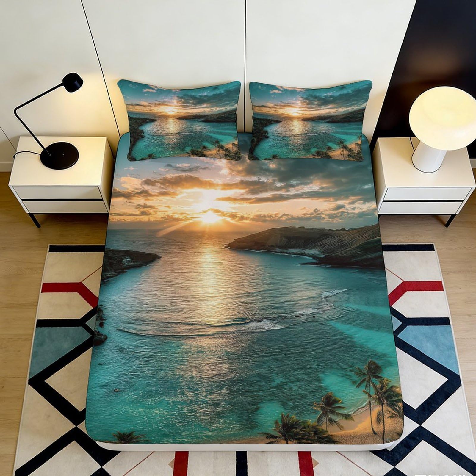 3D Printed Ocean Sunset Fitted Sheet Microfiber Soft Breathable Coastal View Mattress Cover for Bedroom Dormitory Guest Room Protection Decor 140x200x25cm