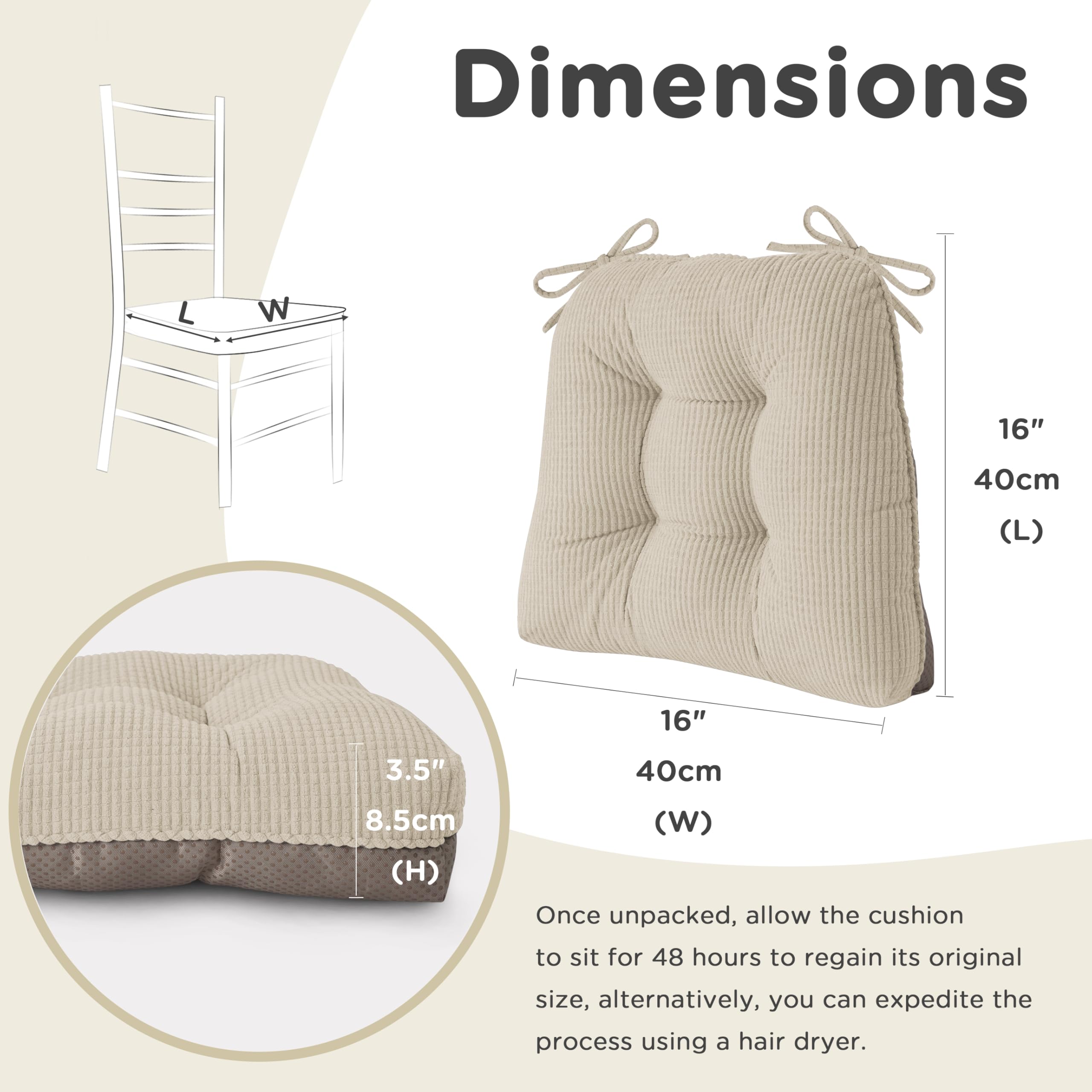 AddGrace Juego de 4 cojines antideslizantes de 40 x 40 x 8 cm, color blanco | Cojín suave para silla con acolchado de 8 cm de alta calidad para interiores, cocina o comedor