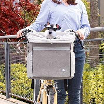 RAYMACE Dog Bike Basket Bag with Reflective Stripe Multipurpose Pet Carrier for Dogs and Cats,Happy Travel with Your Pet