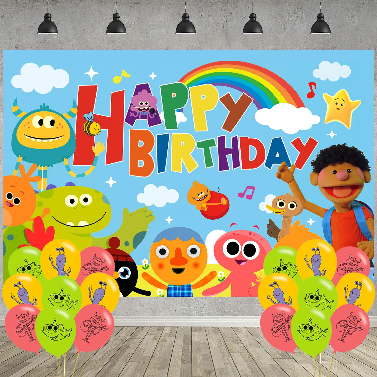 ELZEMSuper Simple Songs Birthday Party Decoration, 5 x 3 FT Backdrop, 18 Pcs Balloons, Blue