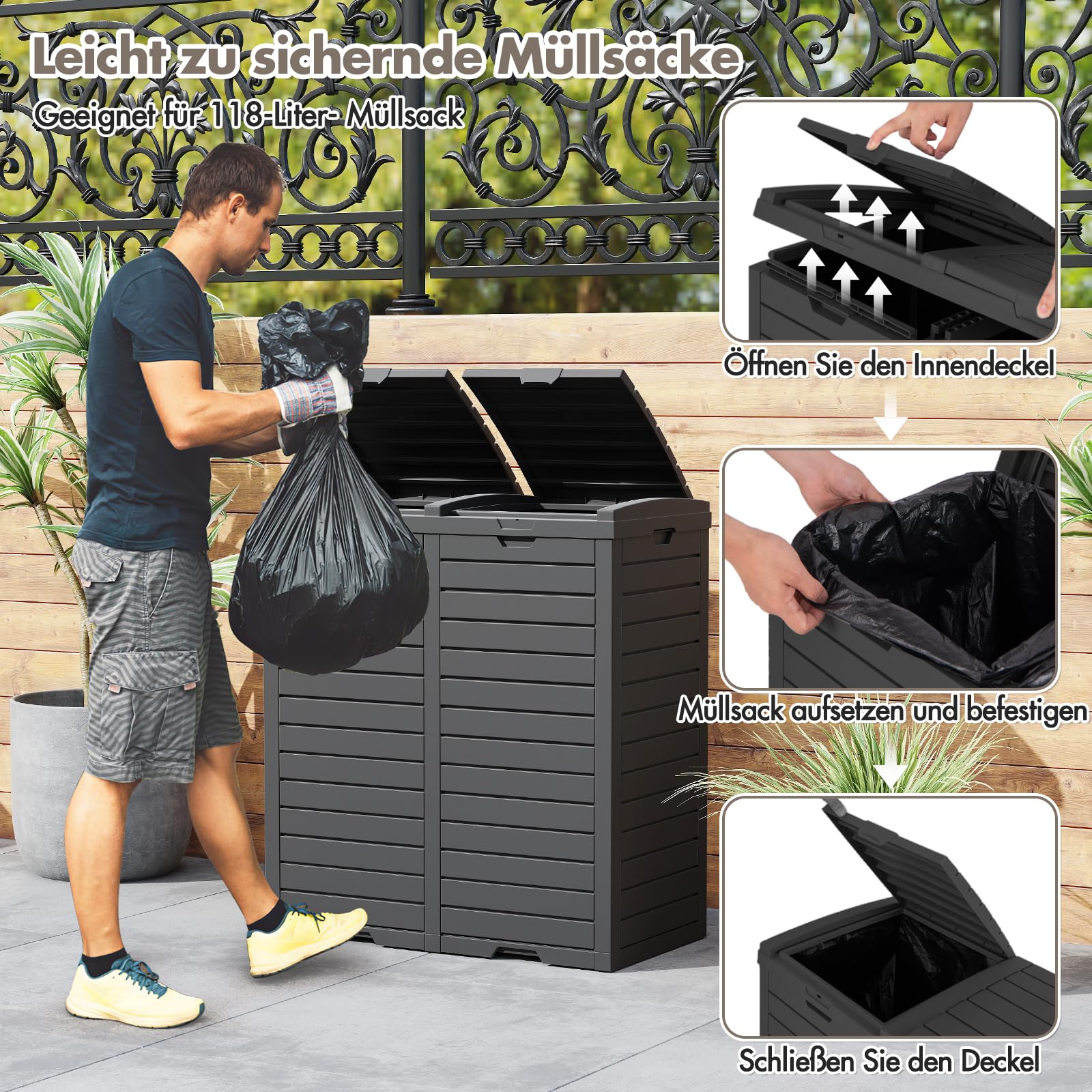 COSTWAY Mülleimer mit Doppeldeckel, 235 L, Mülltonne Outdoor, Abfalltonne mit ausziehbarer Auffangschale & Griff, wasserdichter Müllbehälter, Abfalleimer für Garten Hinterhof Terrasse (Schwarz)