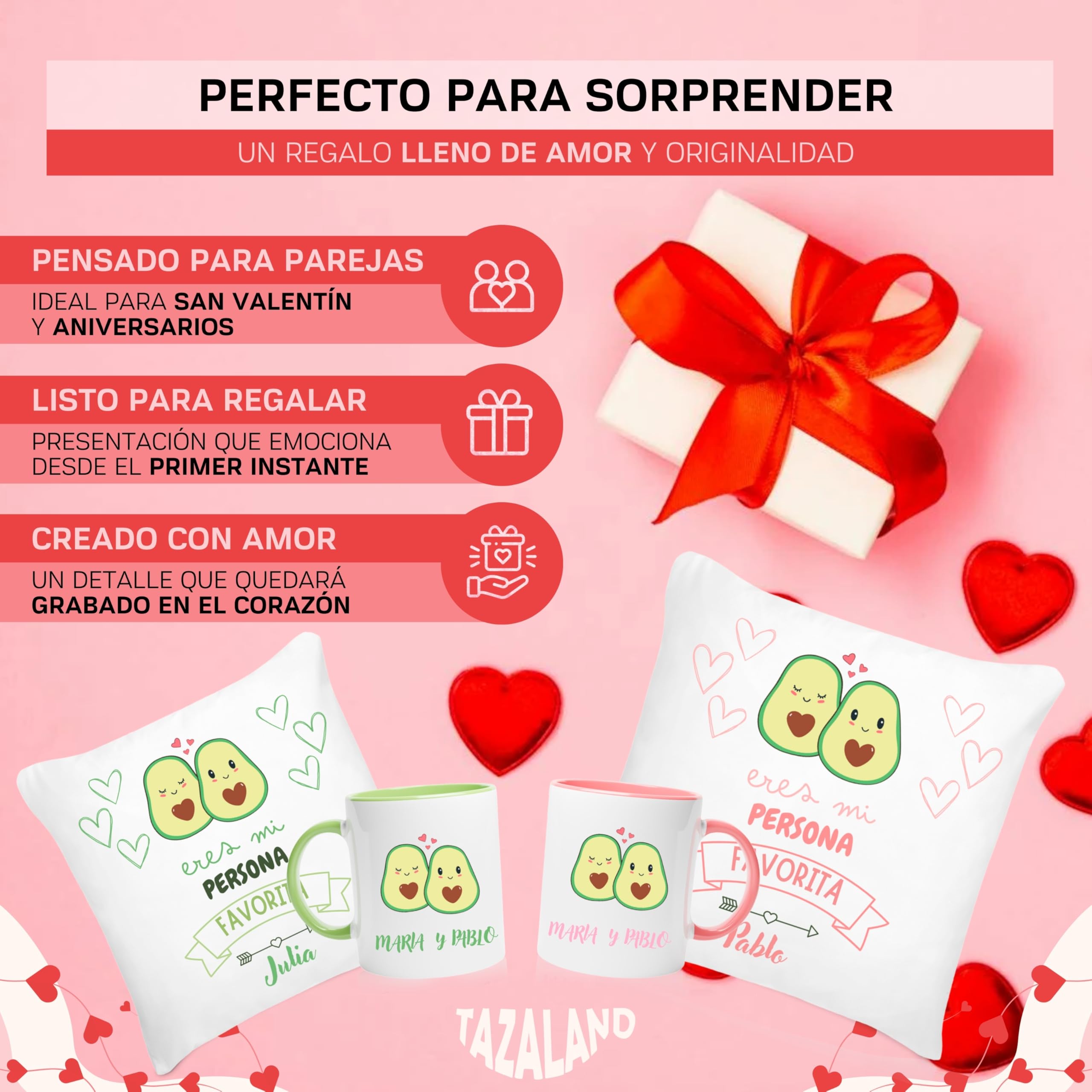 Regalo Personalizado San Valentín | Pack 2 Tazas y 2 Cojines - Aguacates | Regalos Originales Mujer Hombre | Regalos para Parejas, Novia, Novio | Detalles Románticos