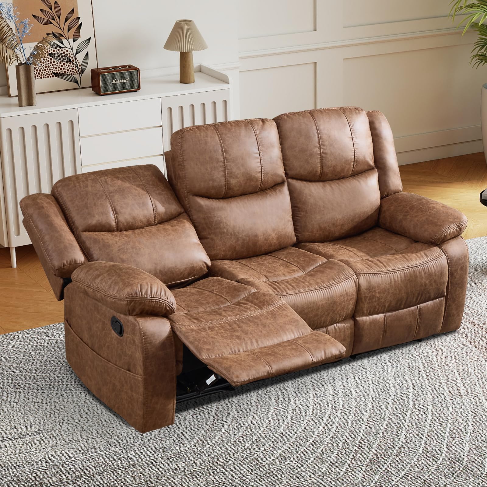 Best Brown Reclining Sofa Picks for 2026 2 EBELLO Faux Leather Manual Reclining Sofa, Mid-Century Modern Overstuffed Armres — product photo
