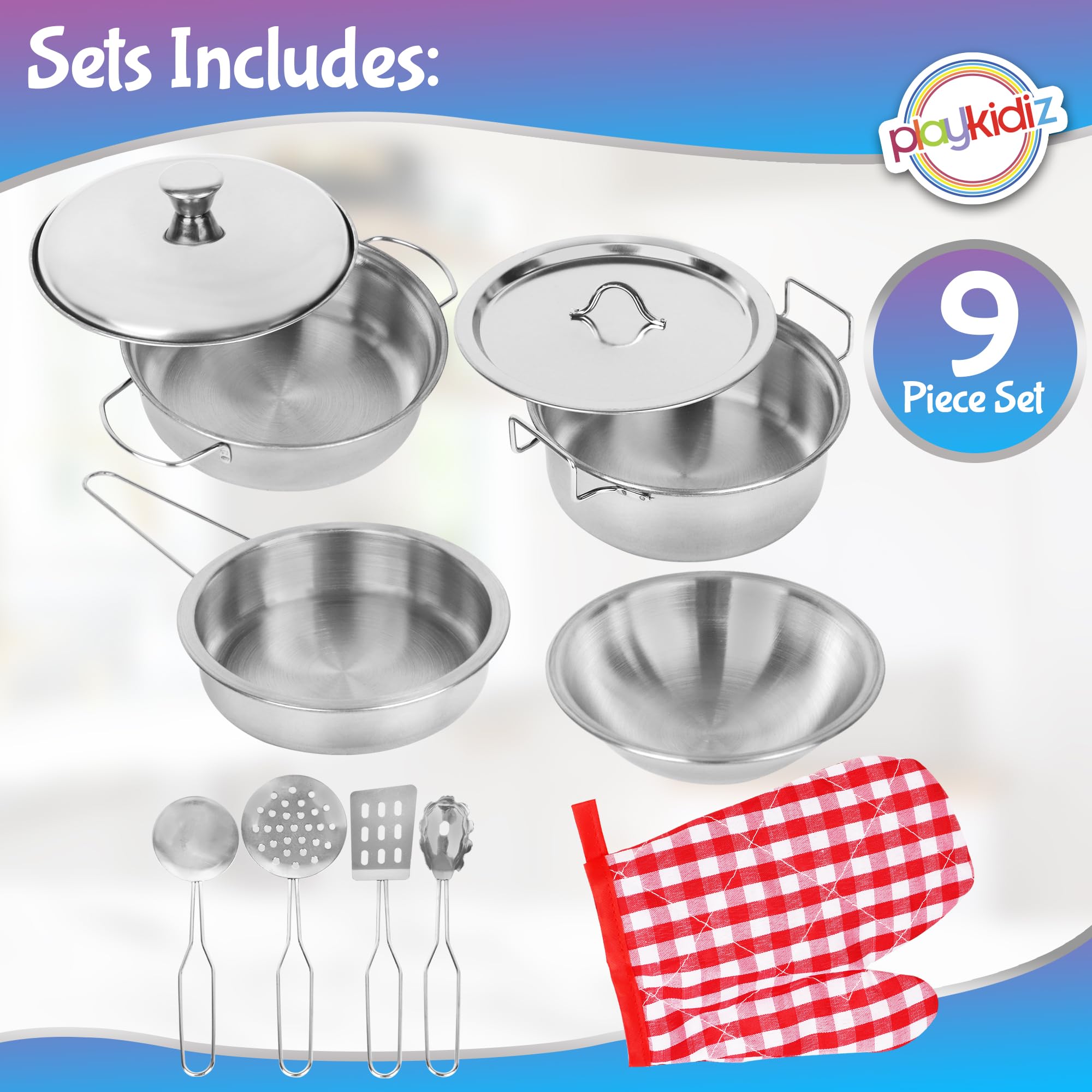 Playkidz Stainless Steel Pots and Pans - Toy Cookware 9 Piece Playset for Kids Pretend Play House - Great Birthday Gift for Girls