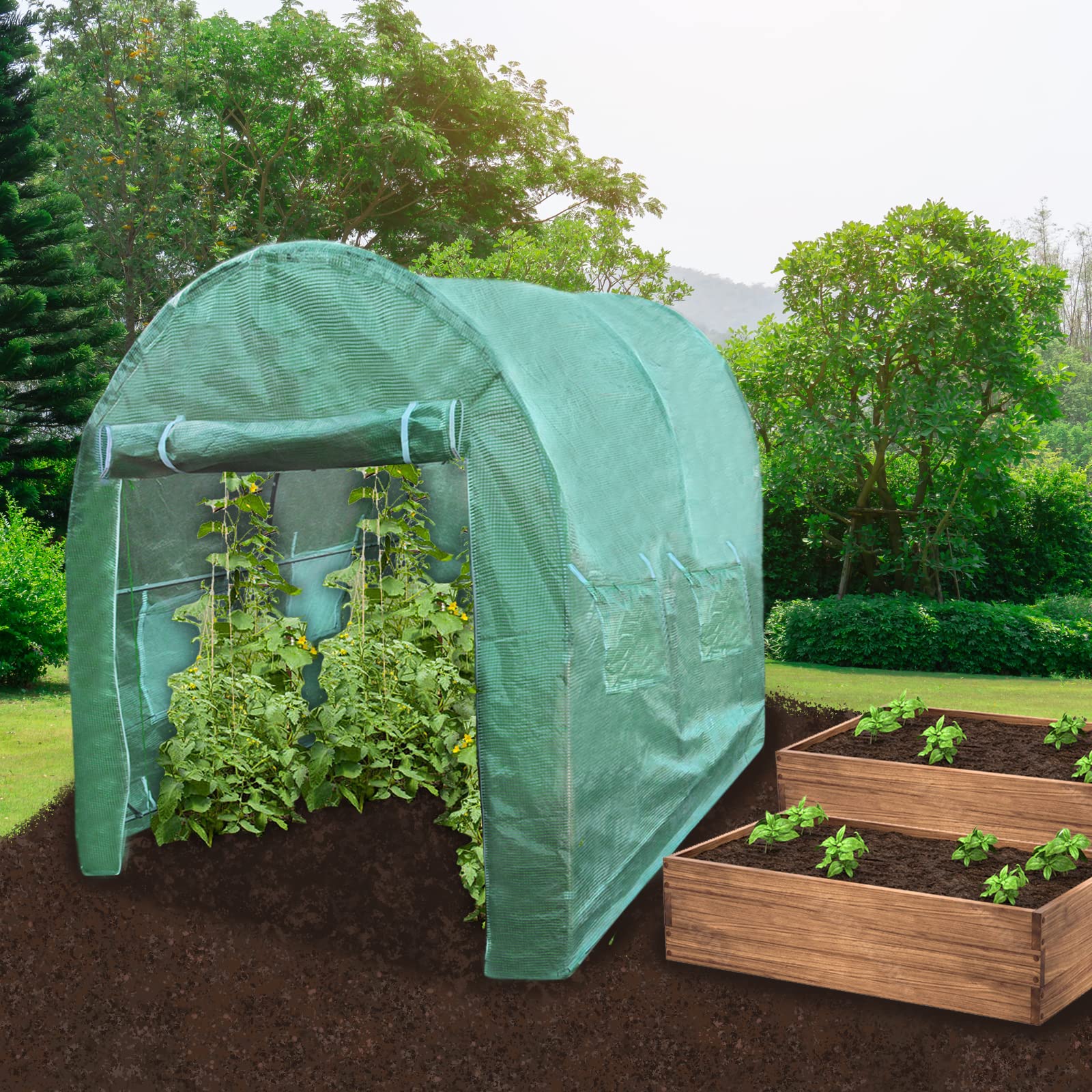 Invernadero Politúnel Tunel de Jardín Huerto con Puertas Ventanas Galvanizadas Cubierta de PE Jardinería Cultivo Marco Metálico Carpa Vegetal Planta de Flores 25mm Diámetro 4x2m 400x200cm 4000x2000mm