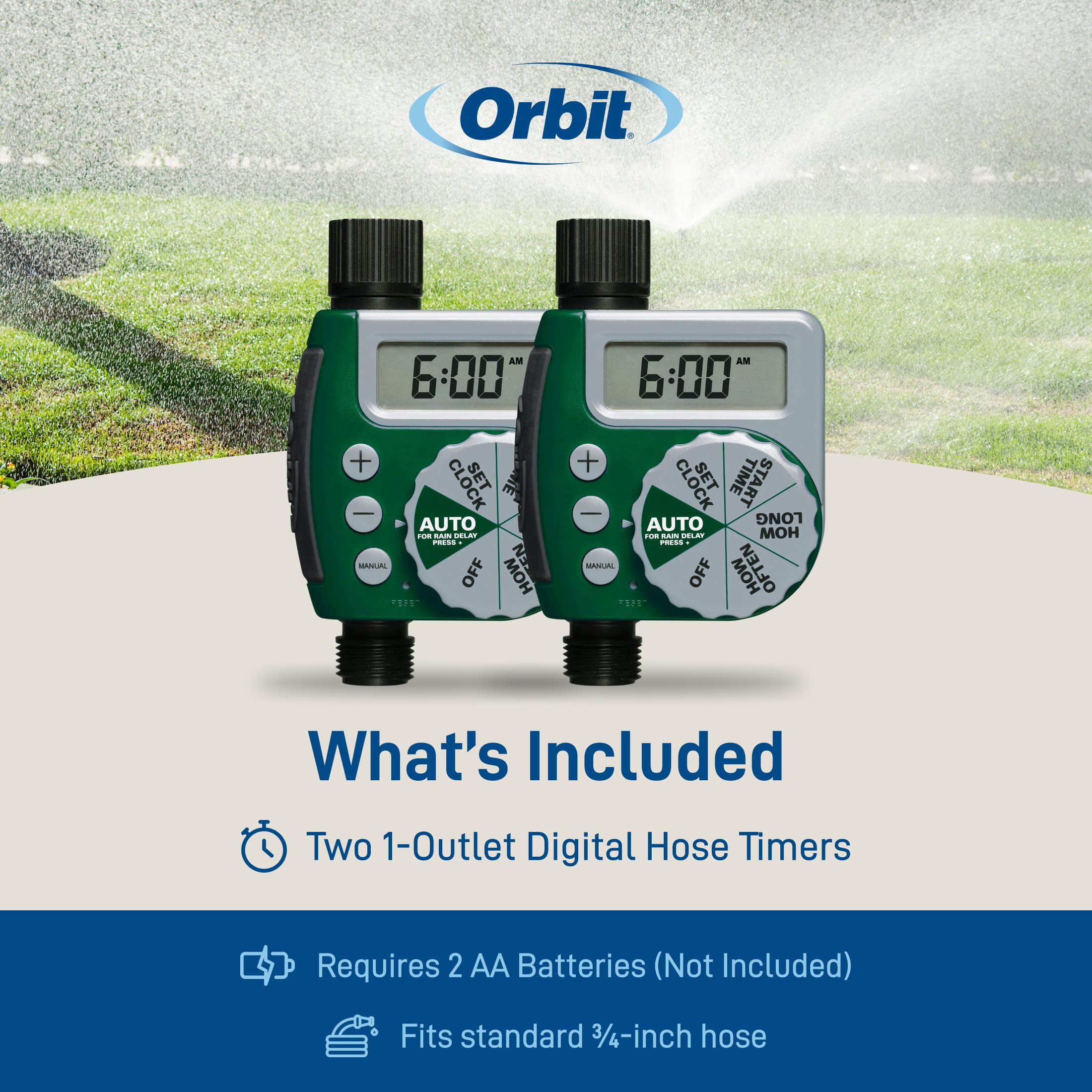 Orbit 62067 Lot de 2 minuteurs d'arrosage numériques programmables à 1 Sortie
