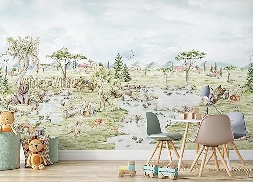 Murwall Kids Woodland Animals Wall Mural Watercolor Village Wallpaper for Toddler Room Nursery Nature Wallpaper
