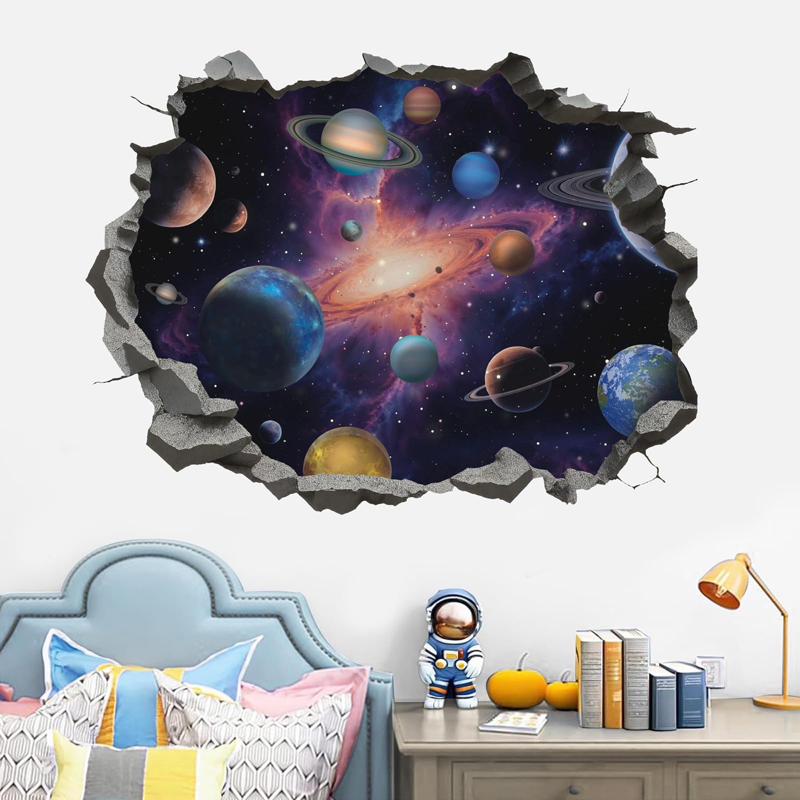 TOARTi Space Astronauts Wall Stickers,Purple 3D Planets Rockets Wall Art Decals for Boys Bedrooms,Solar System Mural Vinyl Removable Sticker for Nursery - Image 2