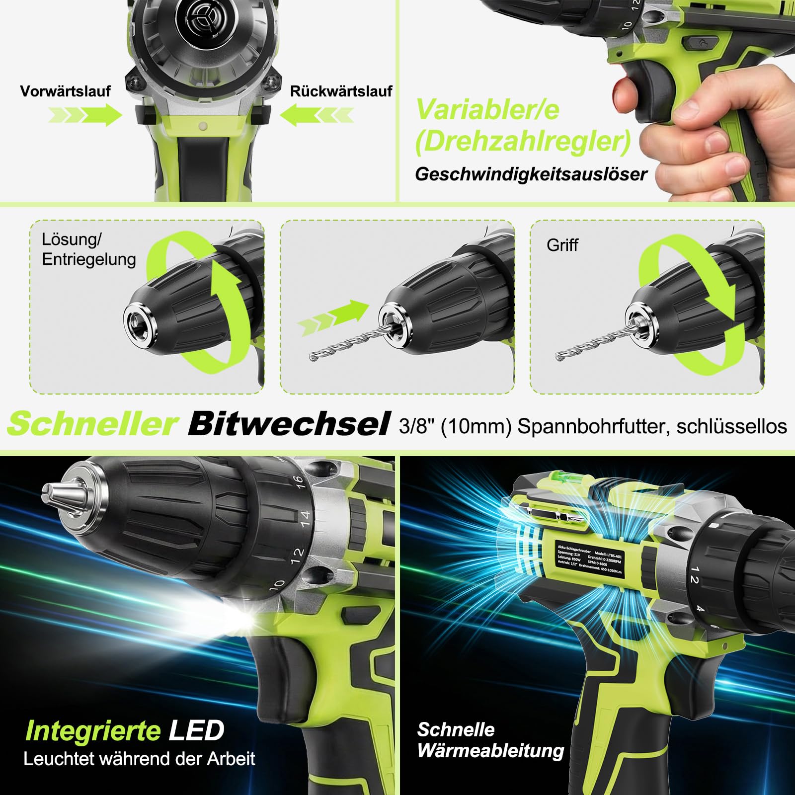 12V klein Akkuschrauber Set, Akku bohrschrauber mit 2 * 2000 mAh Akkus, 3/8" Bohrfutter, 18+1 Drehmoment, Led lichter & 2-Gang, 35 Nm Max. Akku bohrmaschine (Profi-Ausführung)