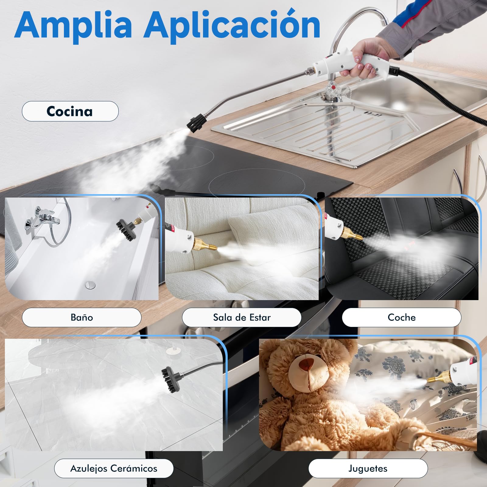 2500W Limpiador a Vapor Portátil, 9 Velocidades Ajustables, con 9 Accesorios, 1,2L Depósito Agua Grande, Steam Cleaner para Baño Patio Azulejos Juntas Suelos (Blanco)