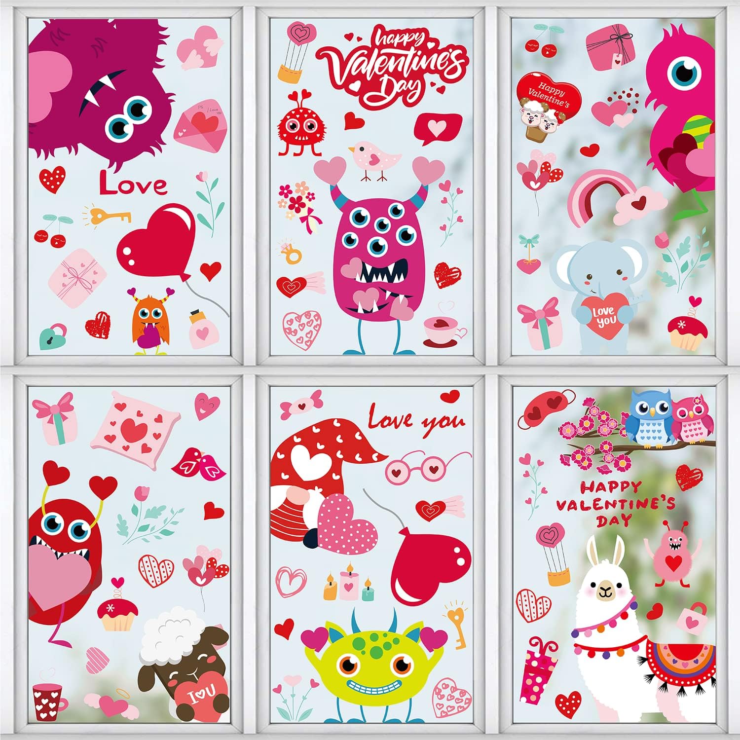 Quera 9 Sheets Valentine's Day Window Clings Monster Gnome